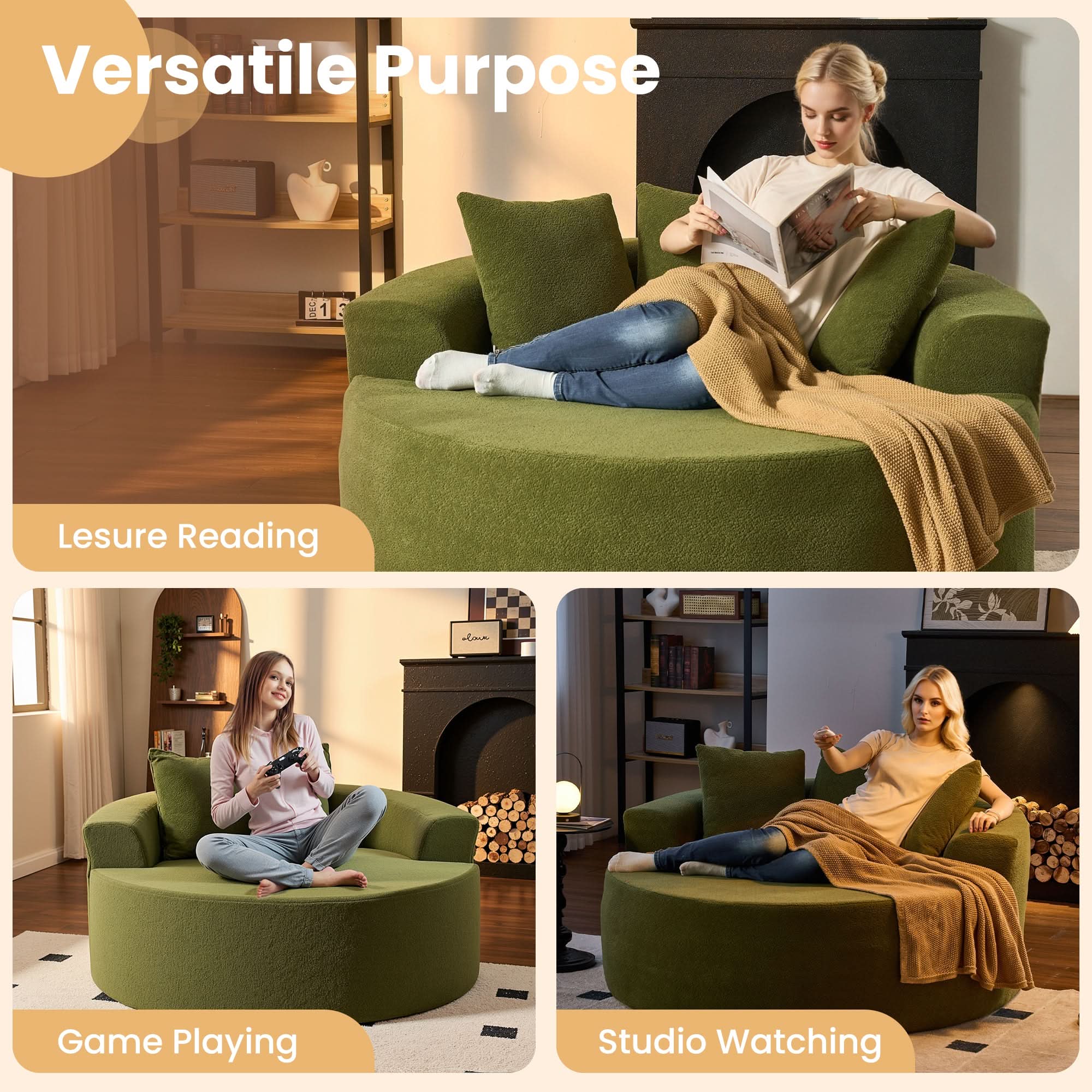 OVIOS Modern 3-Piece Sectional Sofa Set With Loveseat & Chaise Lounge, No-Assembly Design