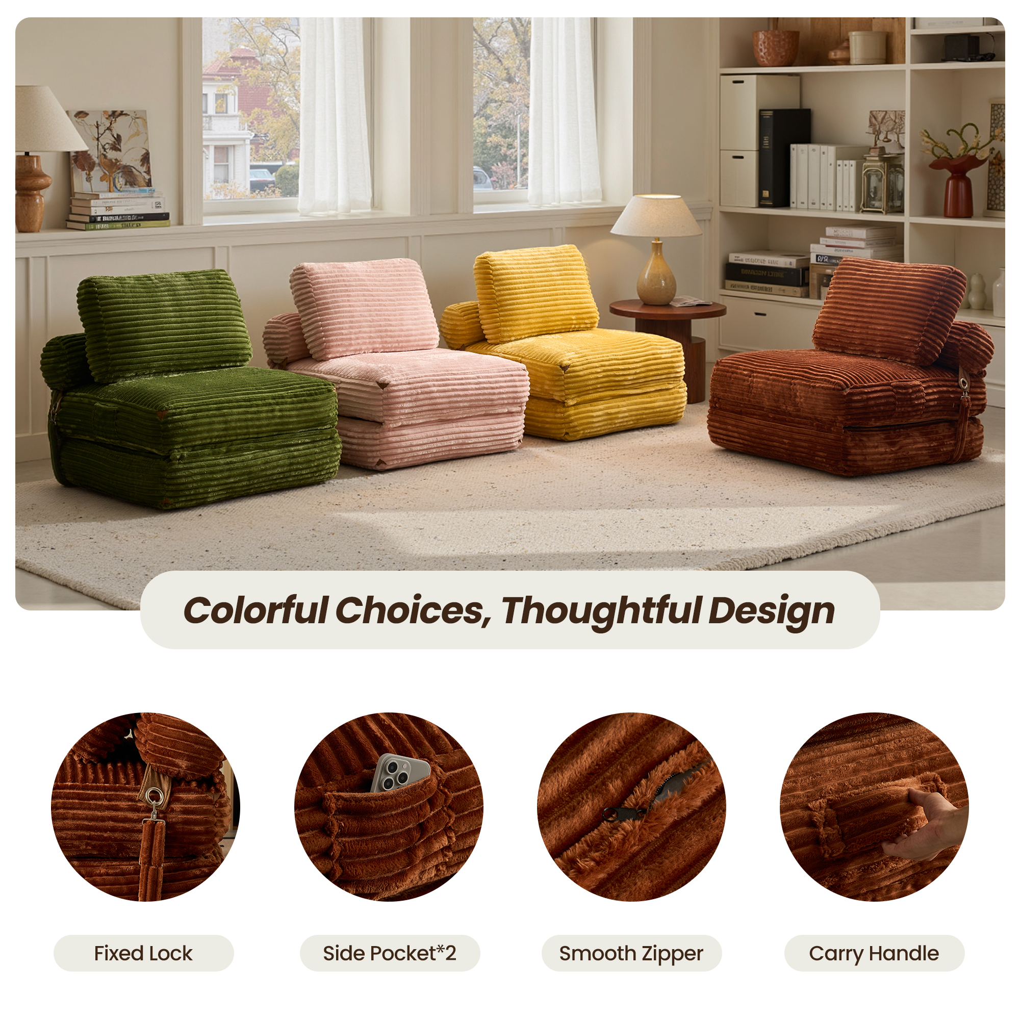 OVIOS Bean Bag Bed Folding Sofa Bed – Convertible Sleeper Chair with Pillow & Back Support