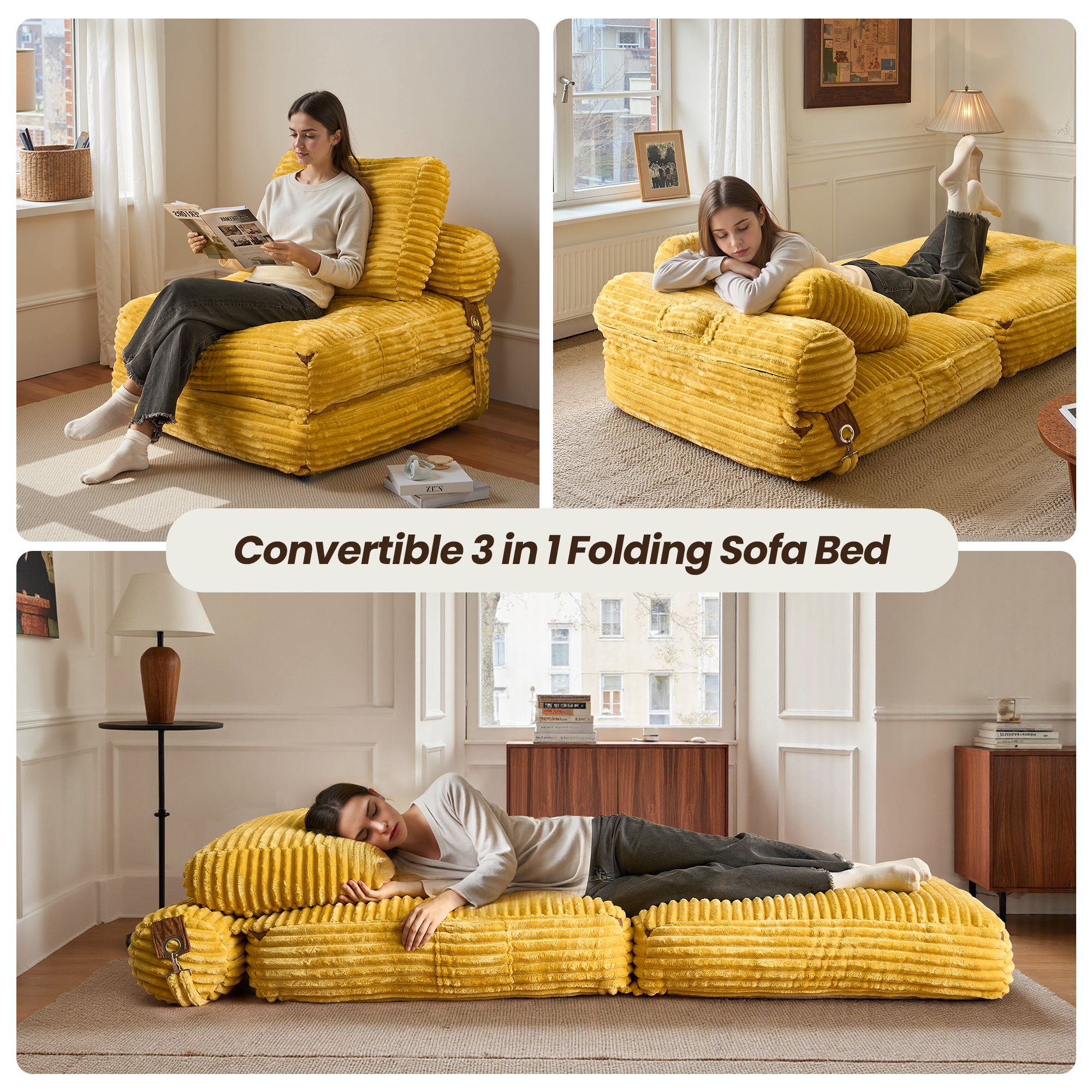 OVIOS Bean Bag Bed Folding Sofa Bed – Convertible Sleeper Chair with Pillow & Back Support