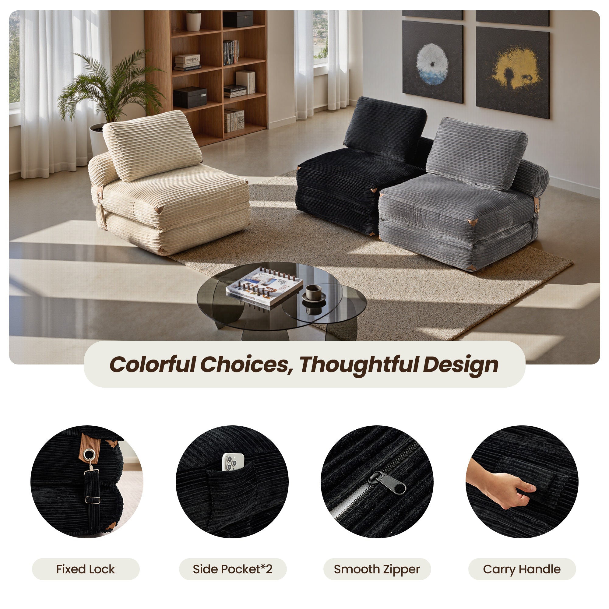 OVIOS Bean Bag Bed Folding Sofa Bed – Convertible Sleeper Chair with Pillow & Back Support