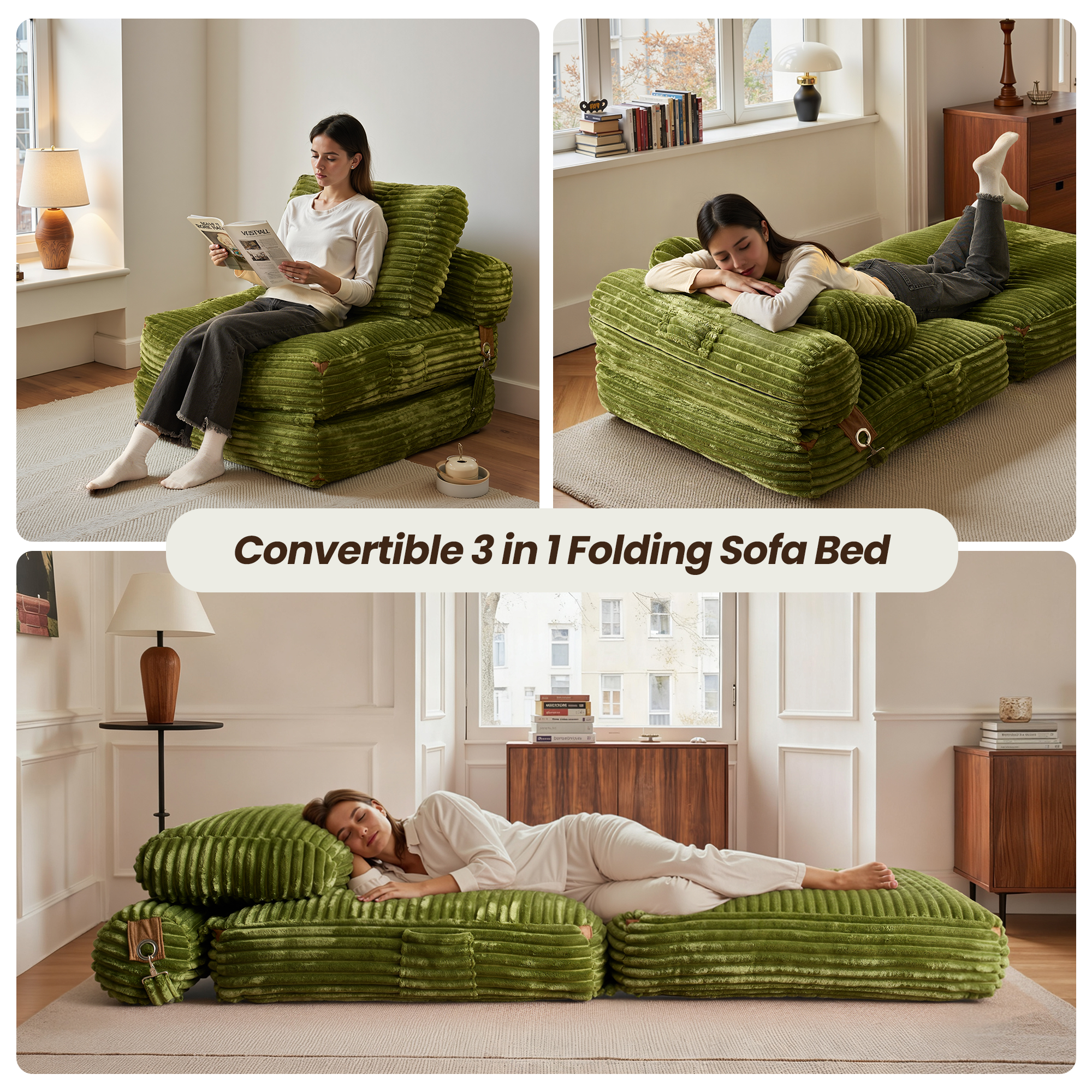 OVIOS Bean Bag Bed Folding Sofa Bed – Convertible Sleeper Chair with Pillow & Back Support