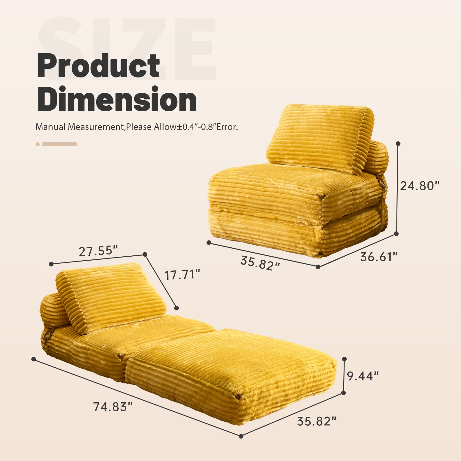 OVIOS Bean Bag Bed Folding Sofa Bed – Convertible Sleeper Chair with Pillow & Back Support