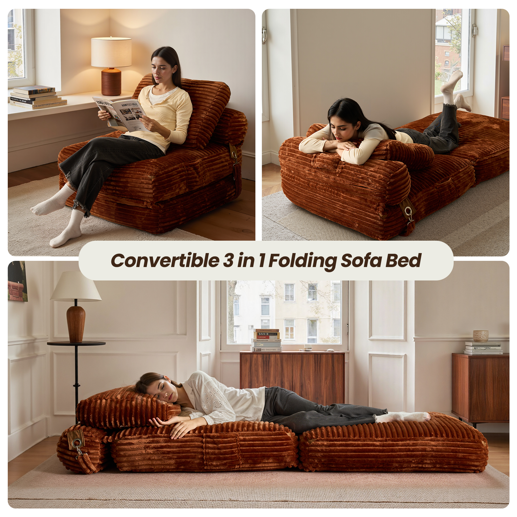 OVIOS Bean Bag Bed Folding Sofa Bed – Convertible Sleeper Chair with Pillow & Back Support