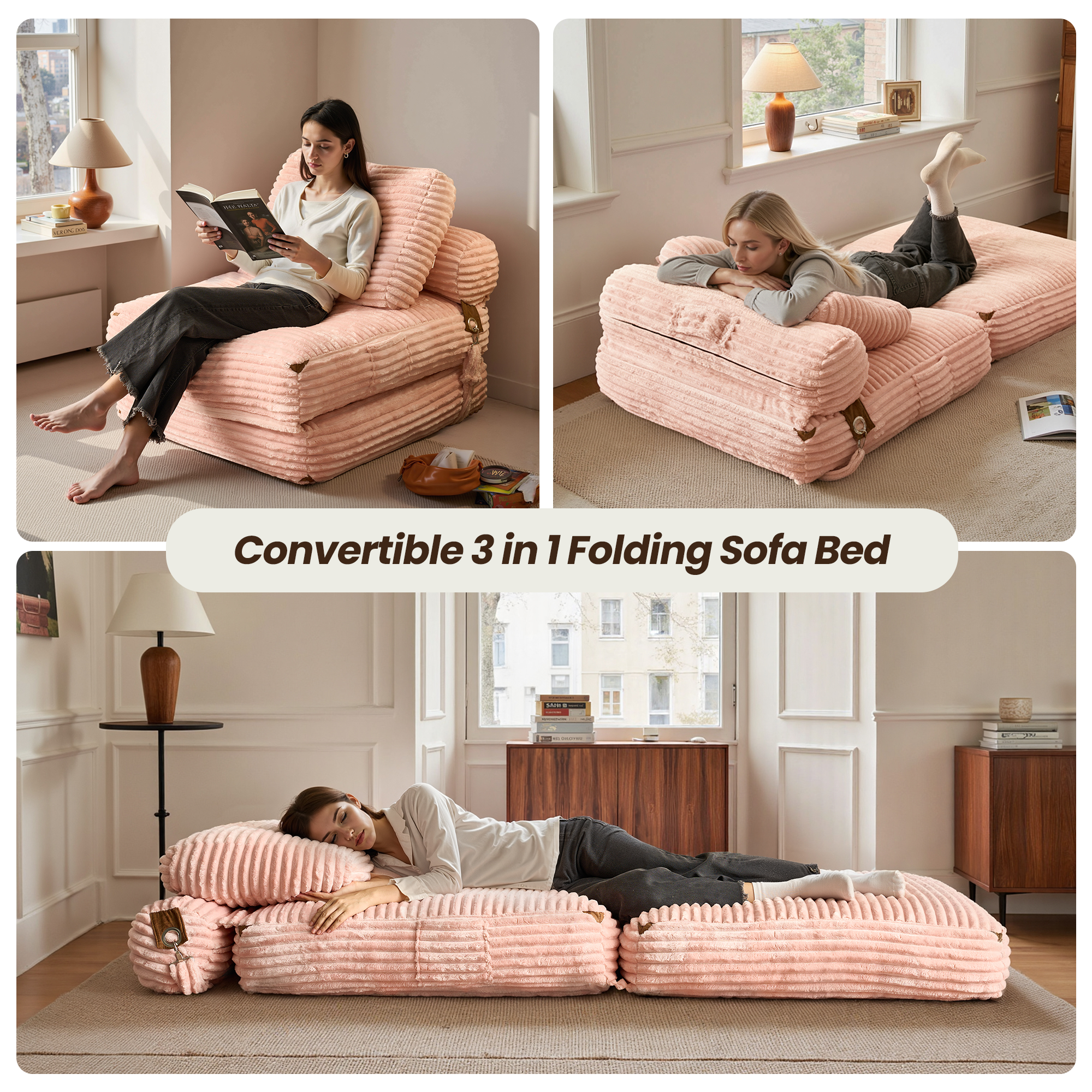 OVIOS Bean Bag Bed Folding Sofa Bed – Convertible Sleeper Chair with Pillow & Back Support