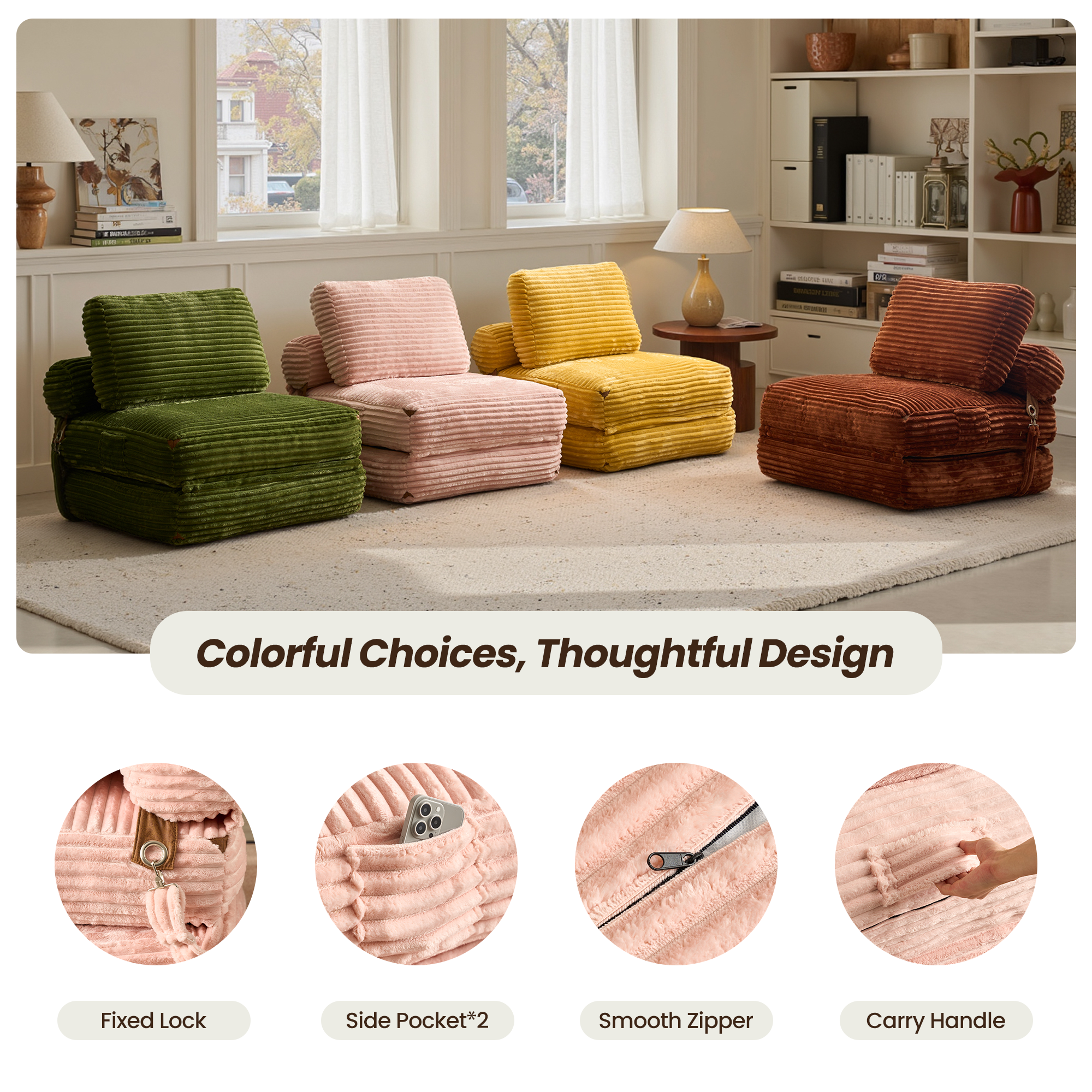 OVIOS Bean Bag Bed Folding Sofa Bed – Convertible Sleeper Chair with Pillow & Back Support