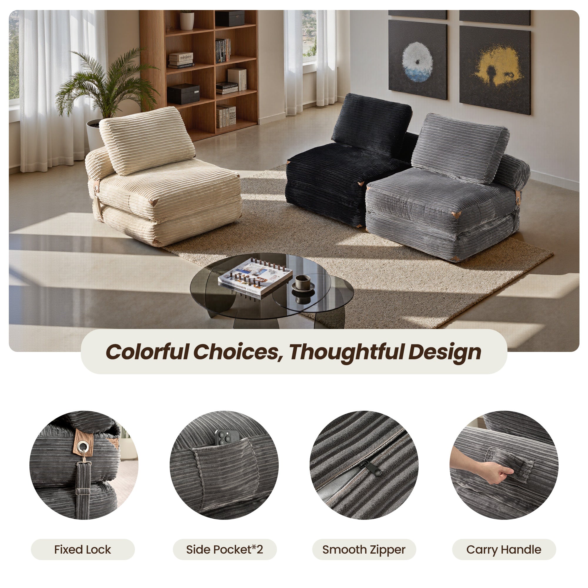 OVIOS Bean Bag Bed Folding Sofa Bed – Convertible Sleeper Chair with Pillow & Back Support