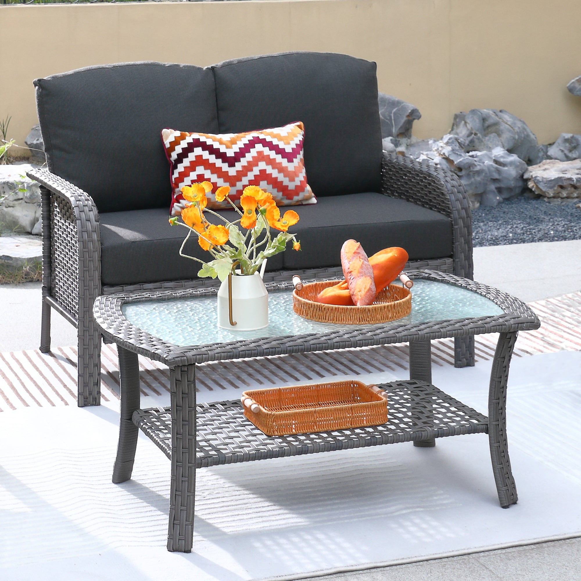 #color_Grey Wicker Black Cushion