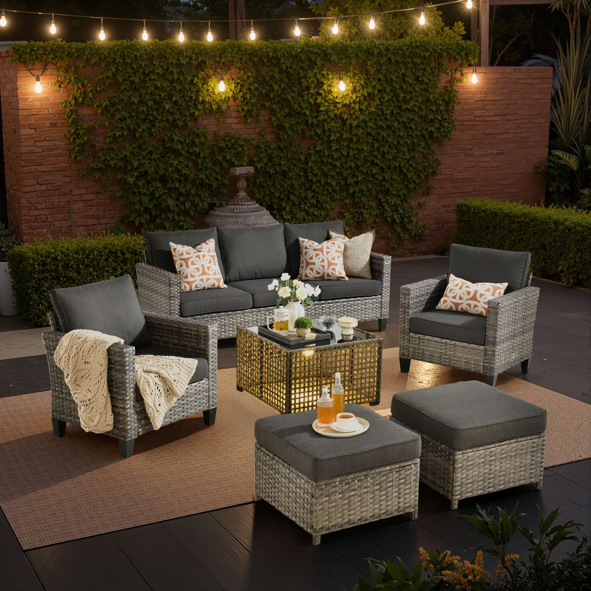 OVIOS Outdoor Patio Furniture Set with Wicker Sofa Loveseat Ottomans and Rocking Chairs