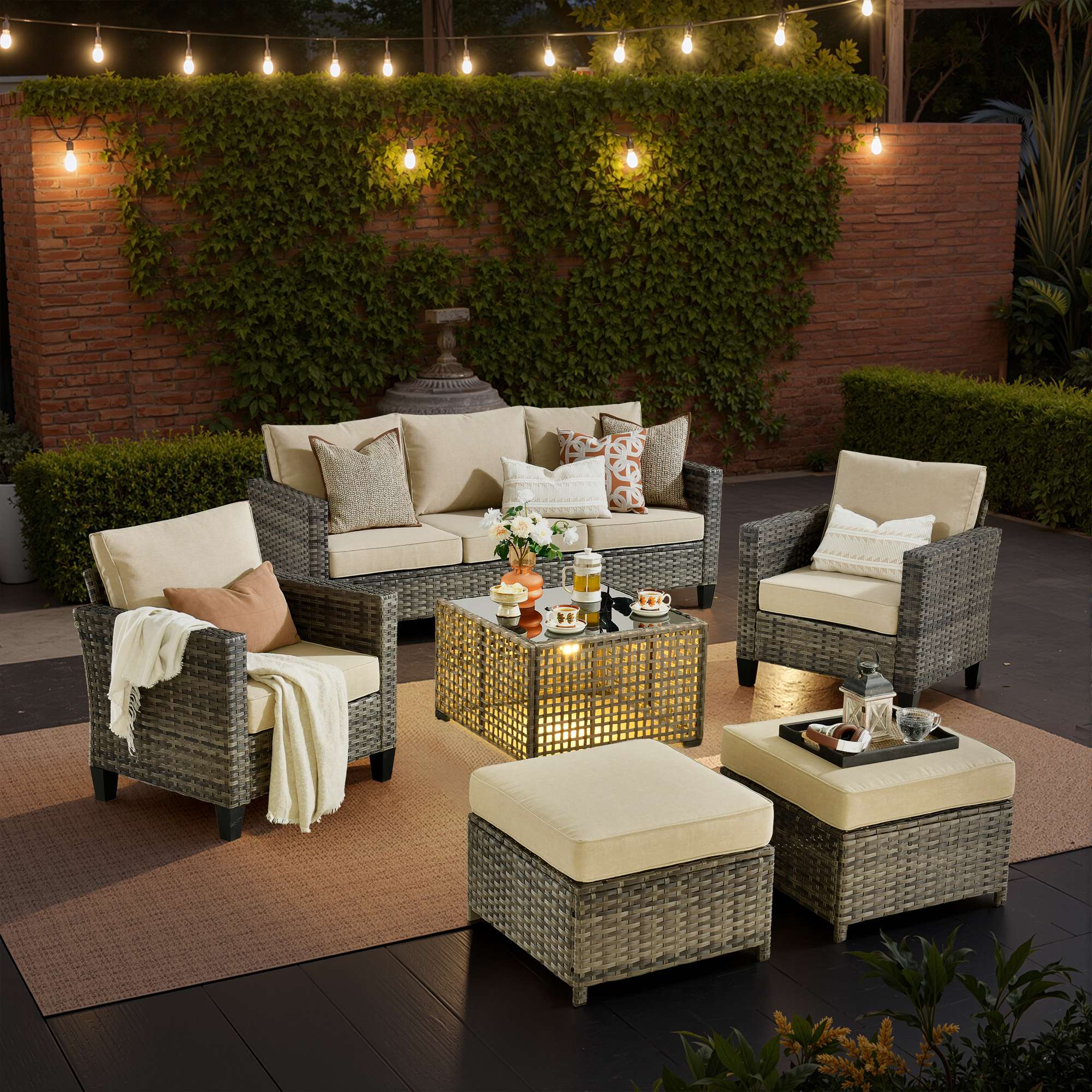 OVIOS Outdoor Patio Furniture Set with Wicker Sofa Loveseat Ottomans and Rocking Chairs