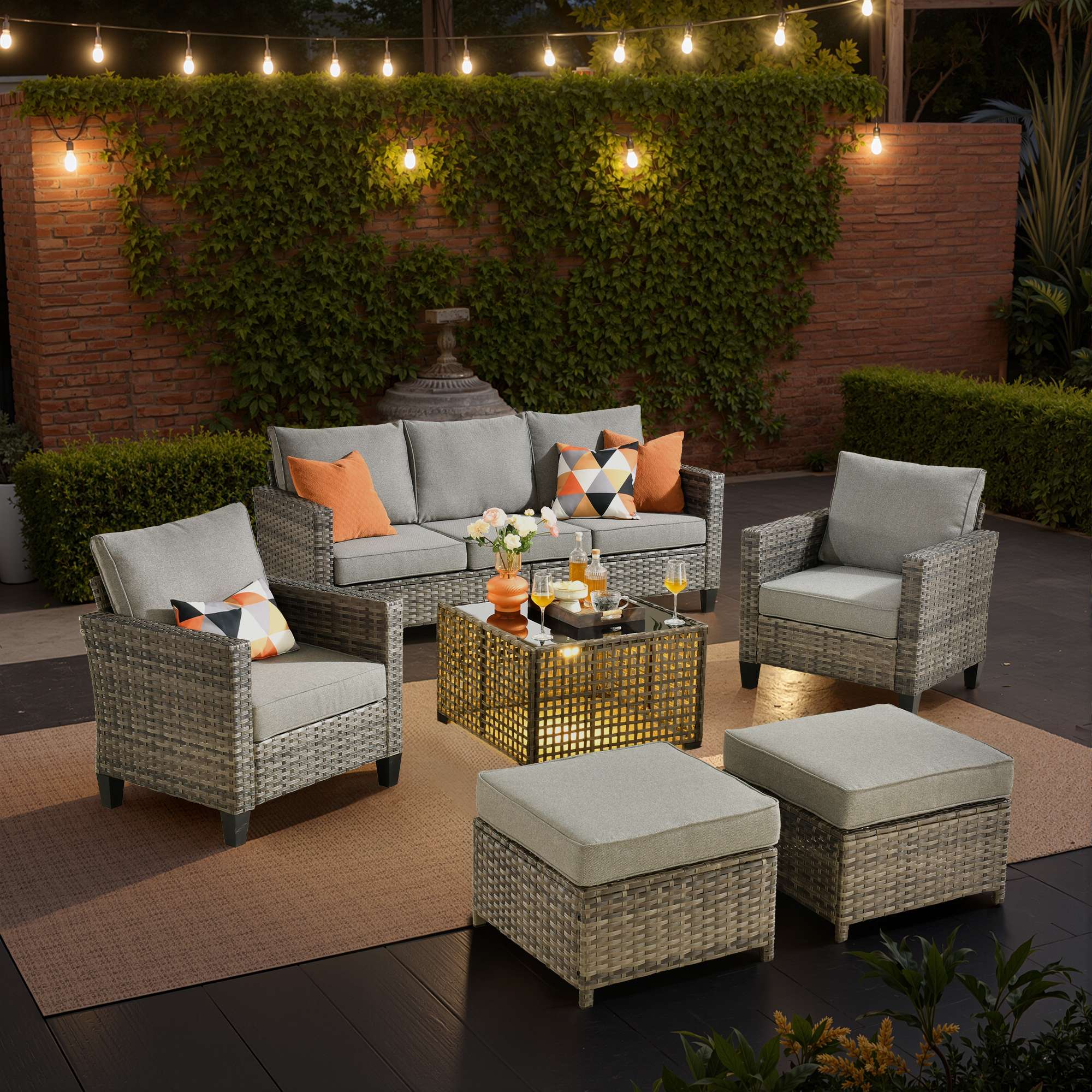 OVIOS Outdoor Patio Furniture Set with Wicker Sofa Loveseat Ottomans and Rocking Chairs