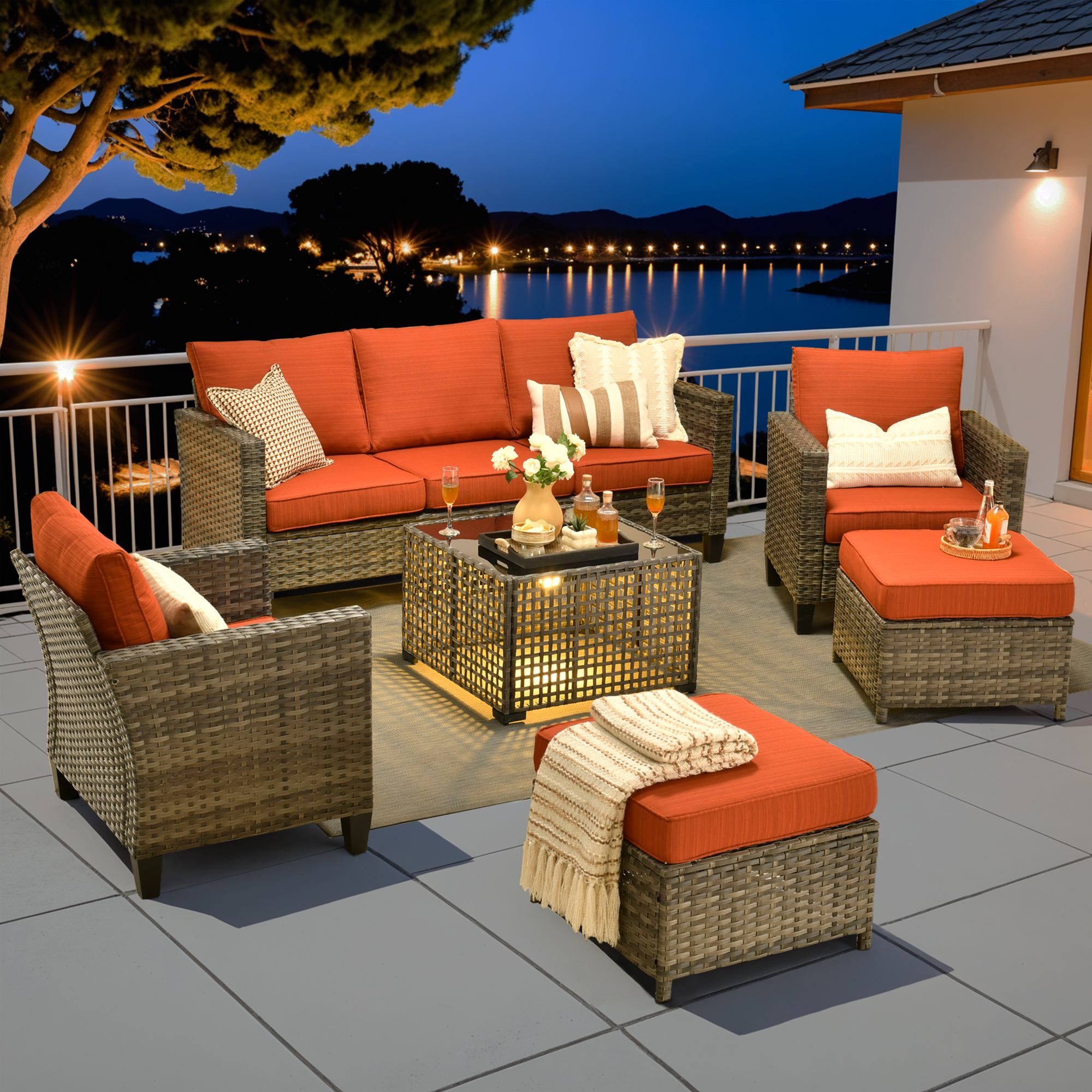 OVIOS Outdoor Patio Furniture Set with Wicker Sofa Loveseat Ottomans and Rocking Chairs