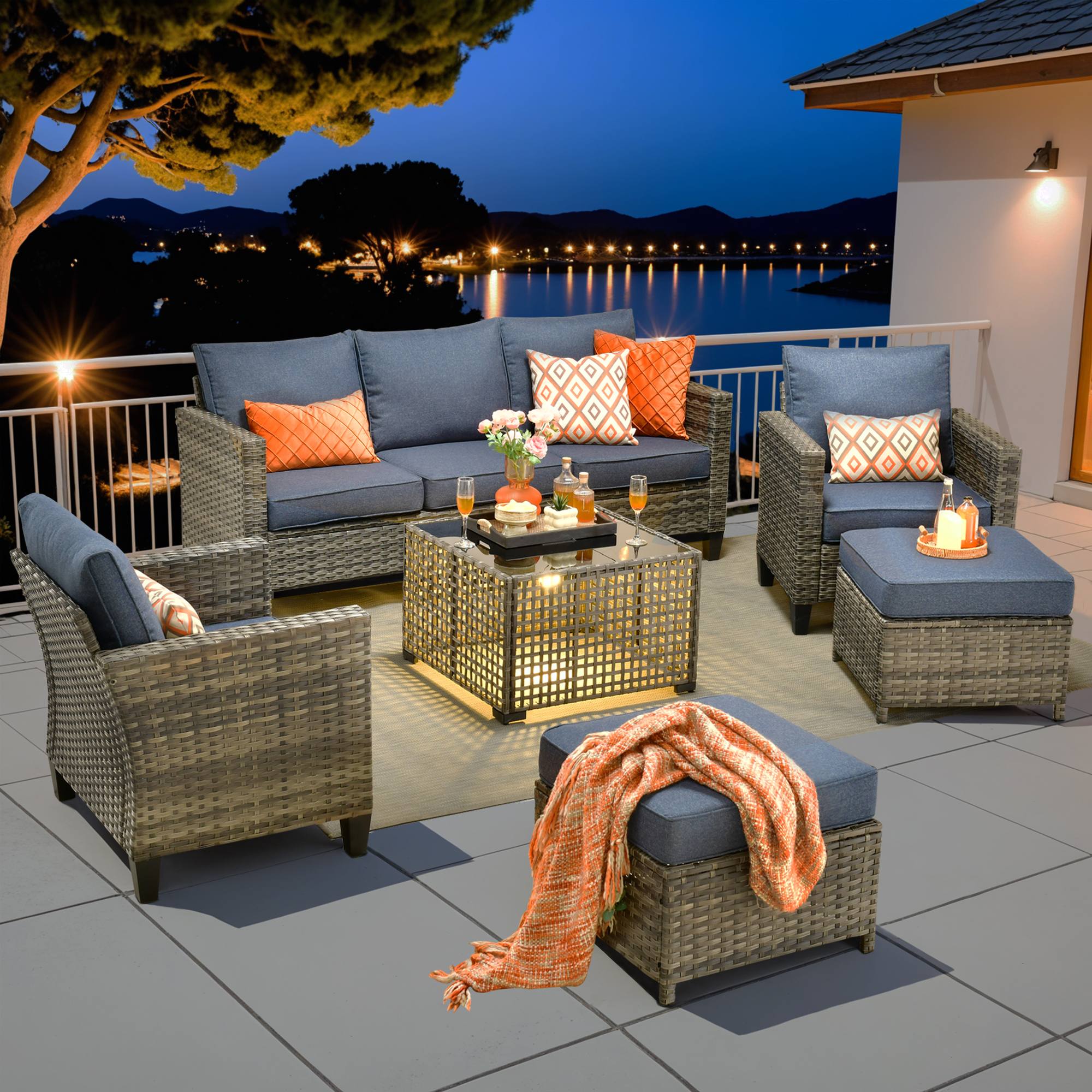 OVIOS Outdoor Patio Furniture Set with Wicker Sofa Loveseat Ottomans and Rocking Chairs