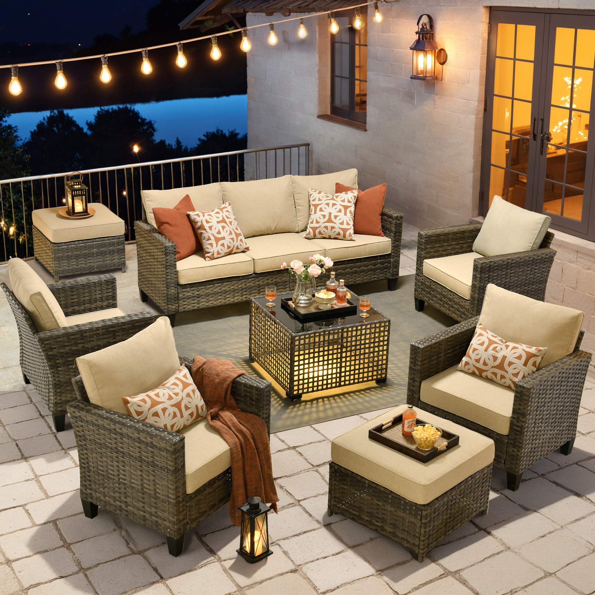 OVIOS Outdoor Patio Furniture Set with Wicker Sofa Loveseat Ottomans and Rocking Chairs