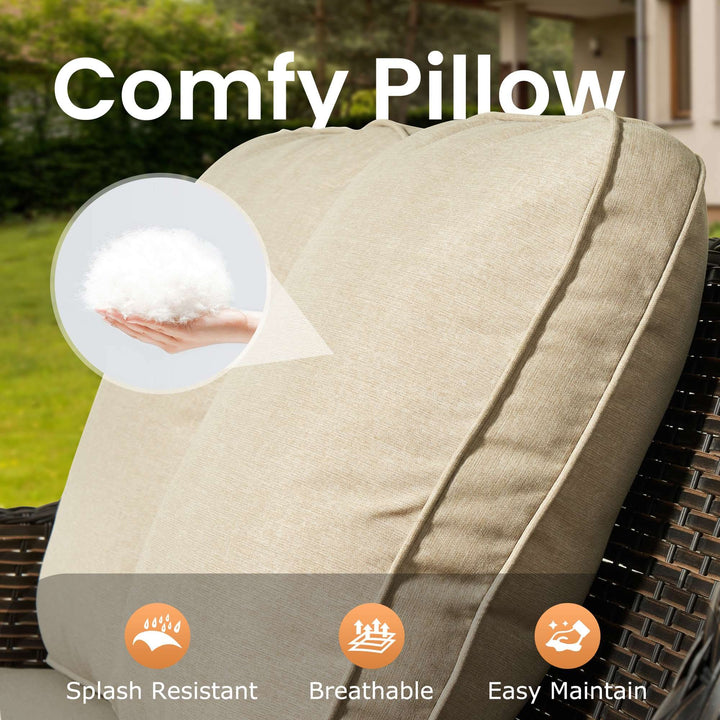 Beige outdoor cushion with pillow-like comfort and stitched edges