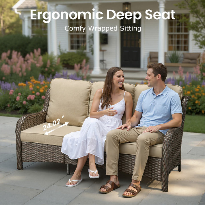 Beige-cushioned patio loveseat chair with ergonomic deep seating