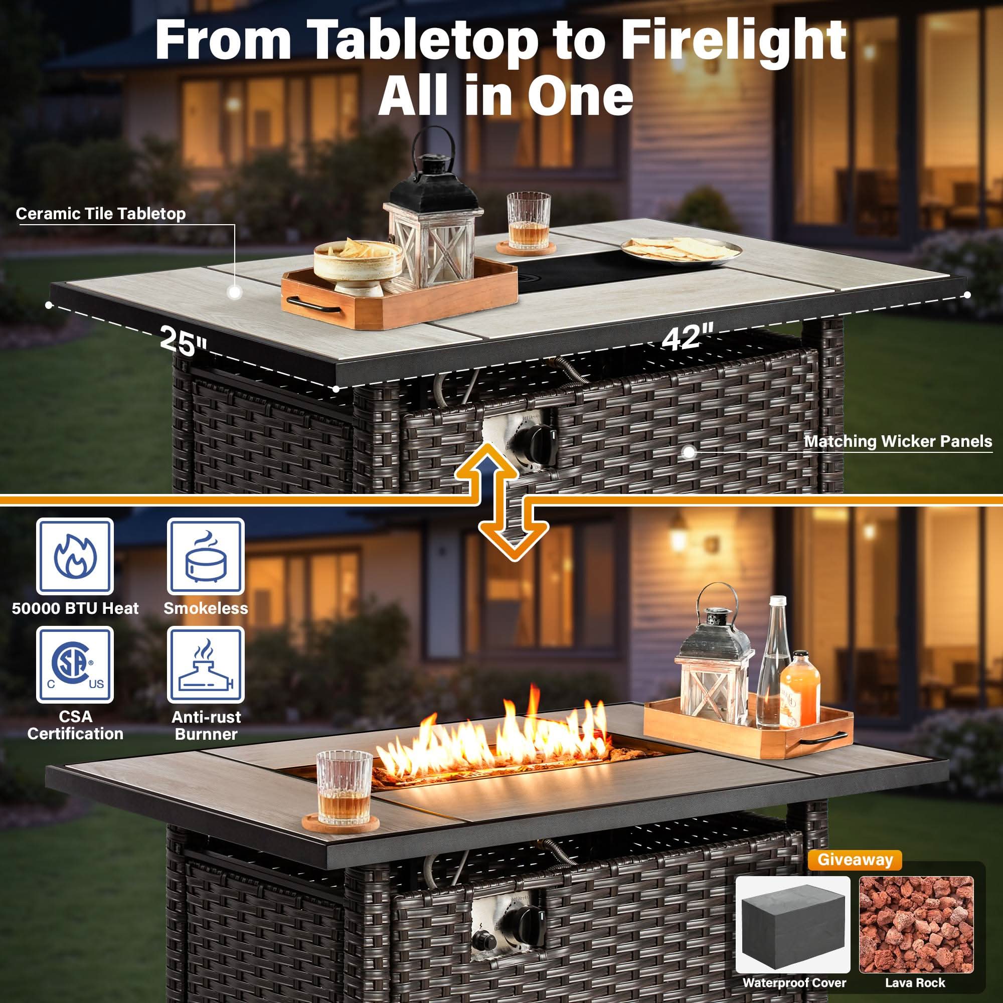 OVIOS Wicker Patio Fire Pit Conversation Seating Set