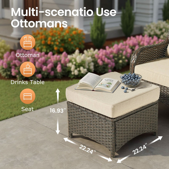 Dimensions and use icons for patio ottoman/seat and table
