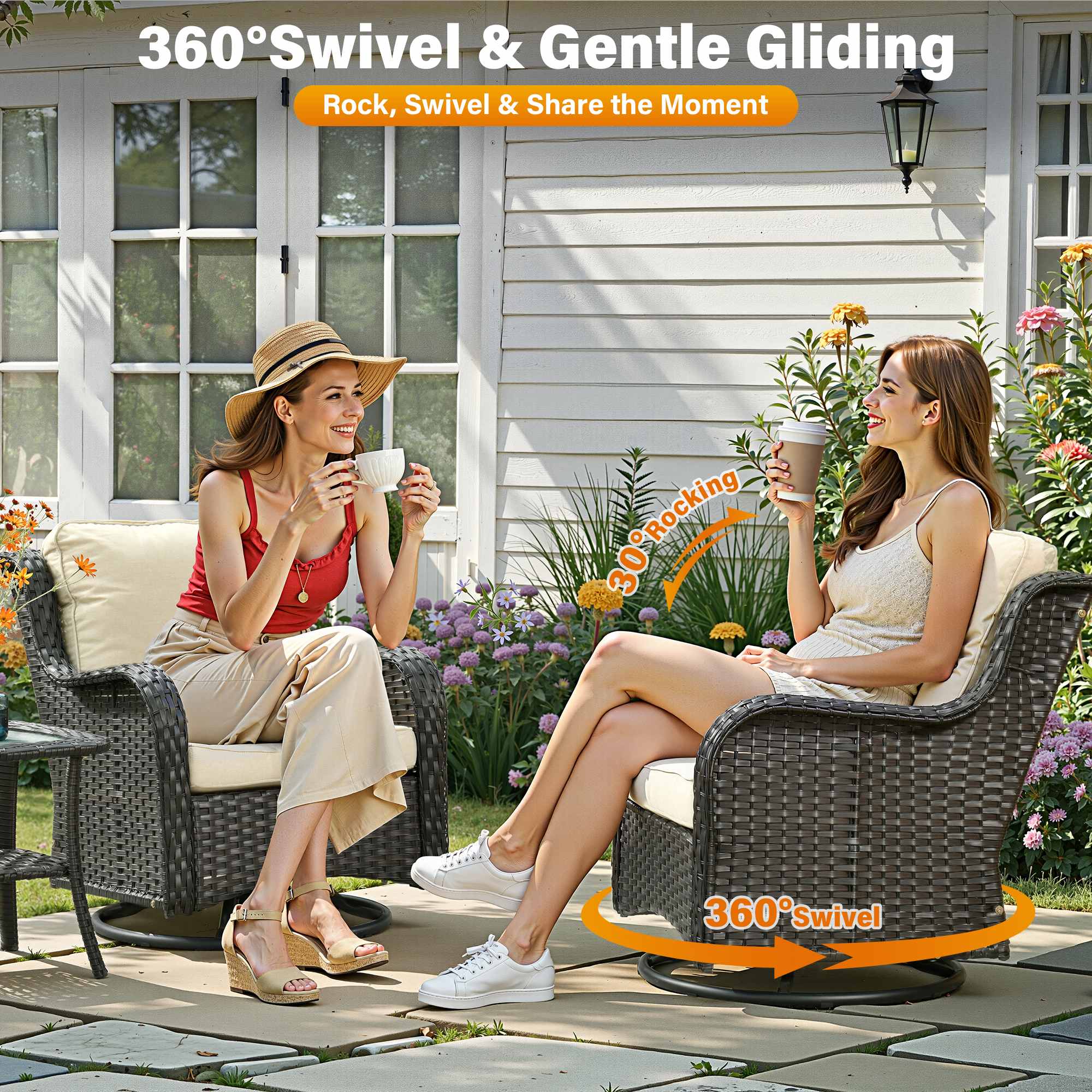OVIOS Wicker Patio Fire Pit Conversation Seating Set