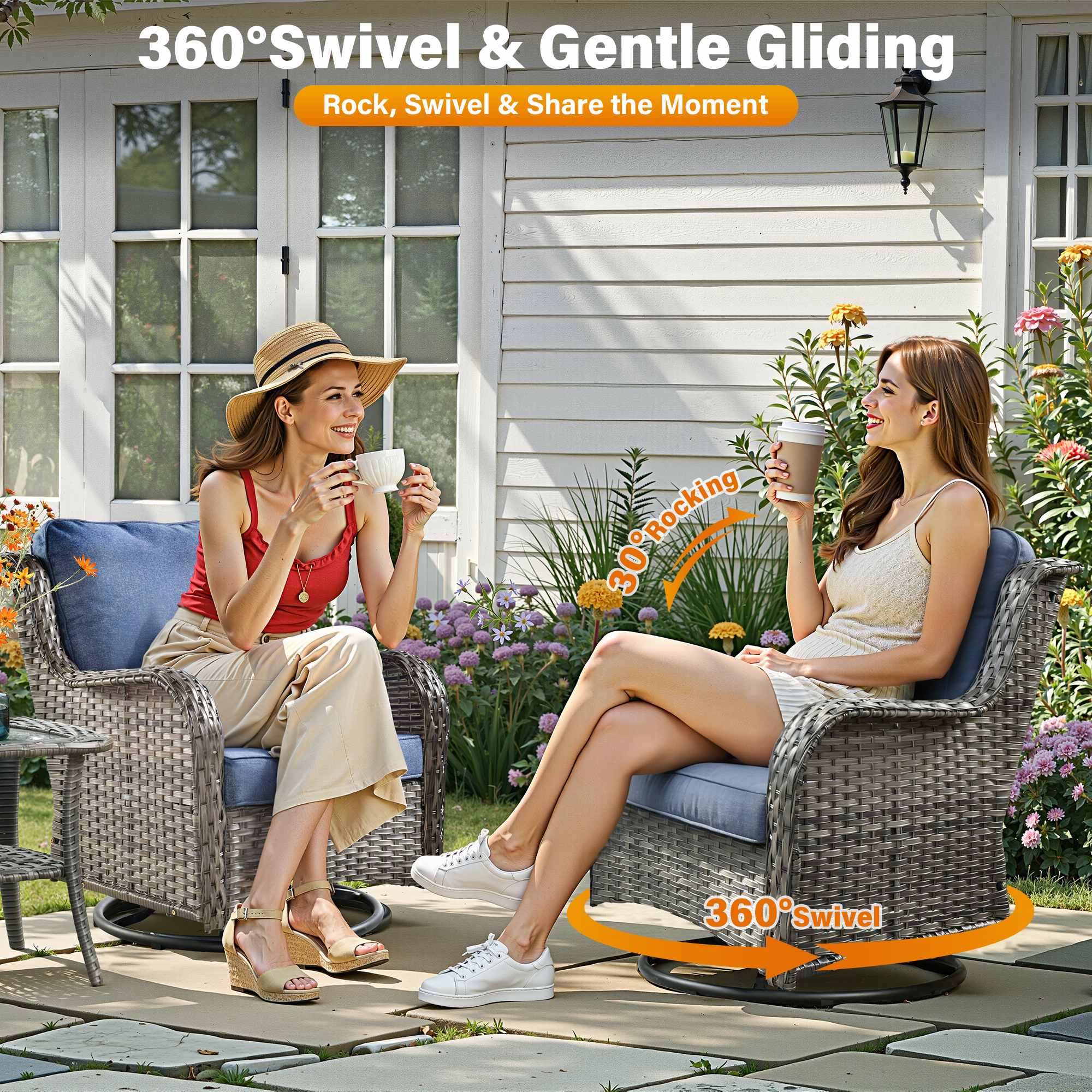 OVIOS Wicker Patio Fire Pit Conversation Seating Set