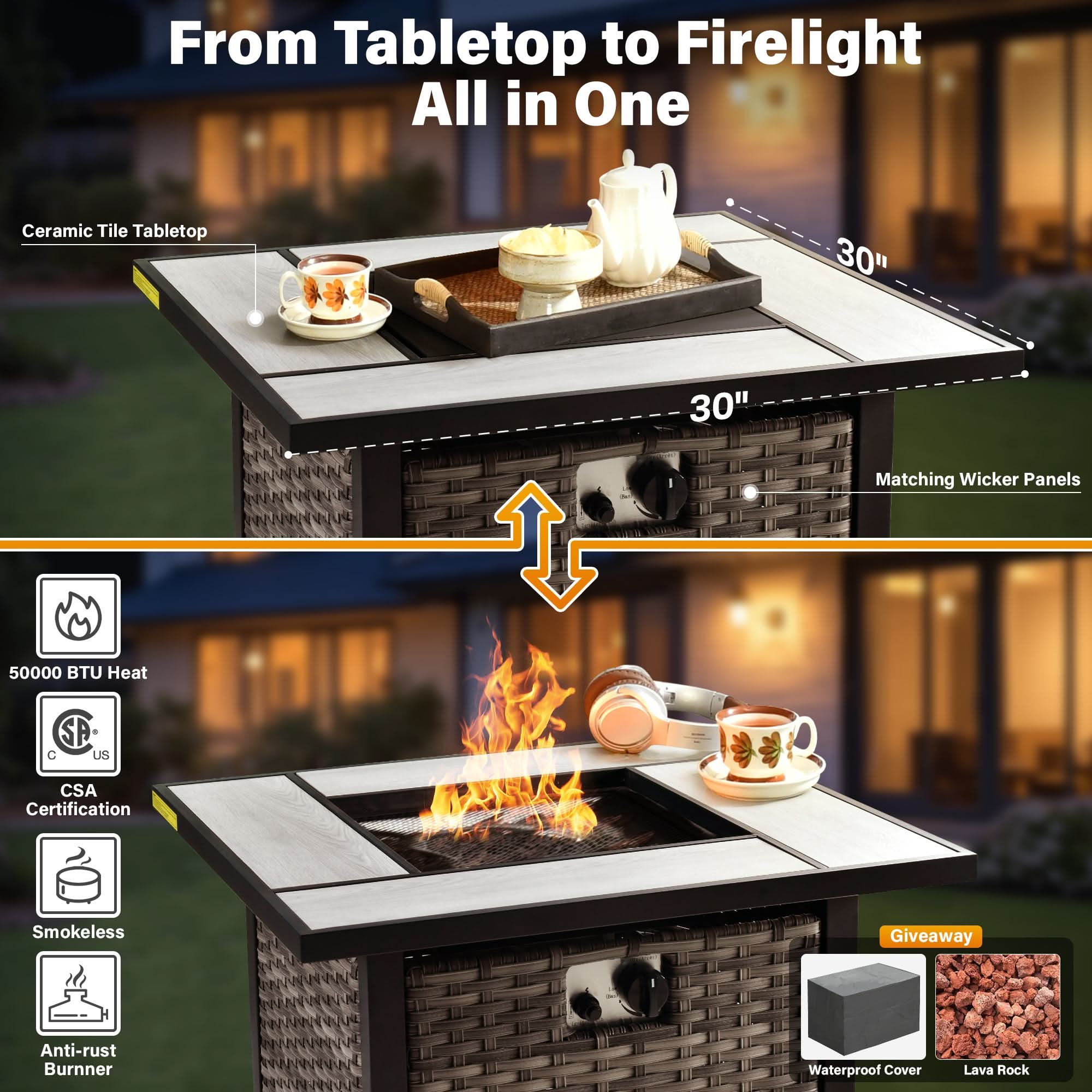 OVIOS Wicker Patio Fire Pit Conversation Seating Set