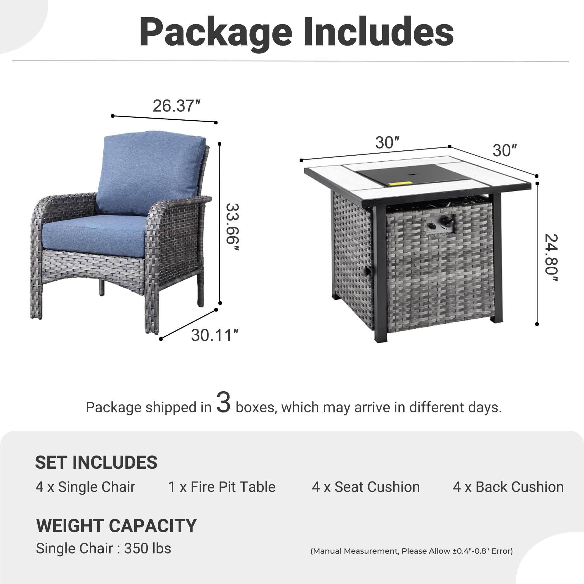 Ovios 5-Piece Patio Set with Fire Pit Table,All Weather Grey Wicker Chairs & Cushions