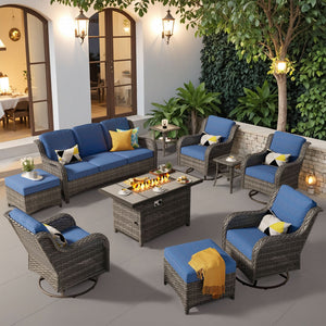 Ovios 10-piece outdoor wicker patio set with fire pit table, sofa, loveseat, and swivel chairs.