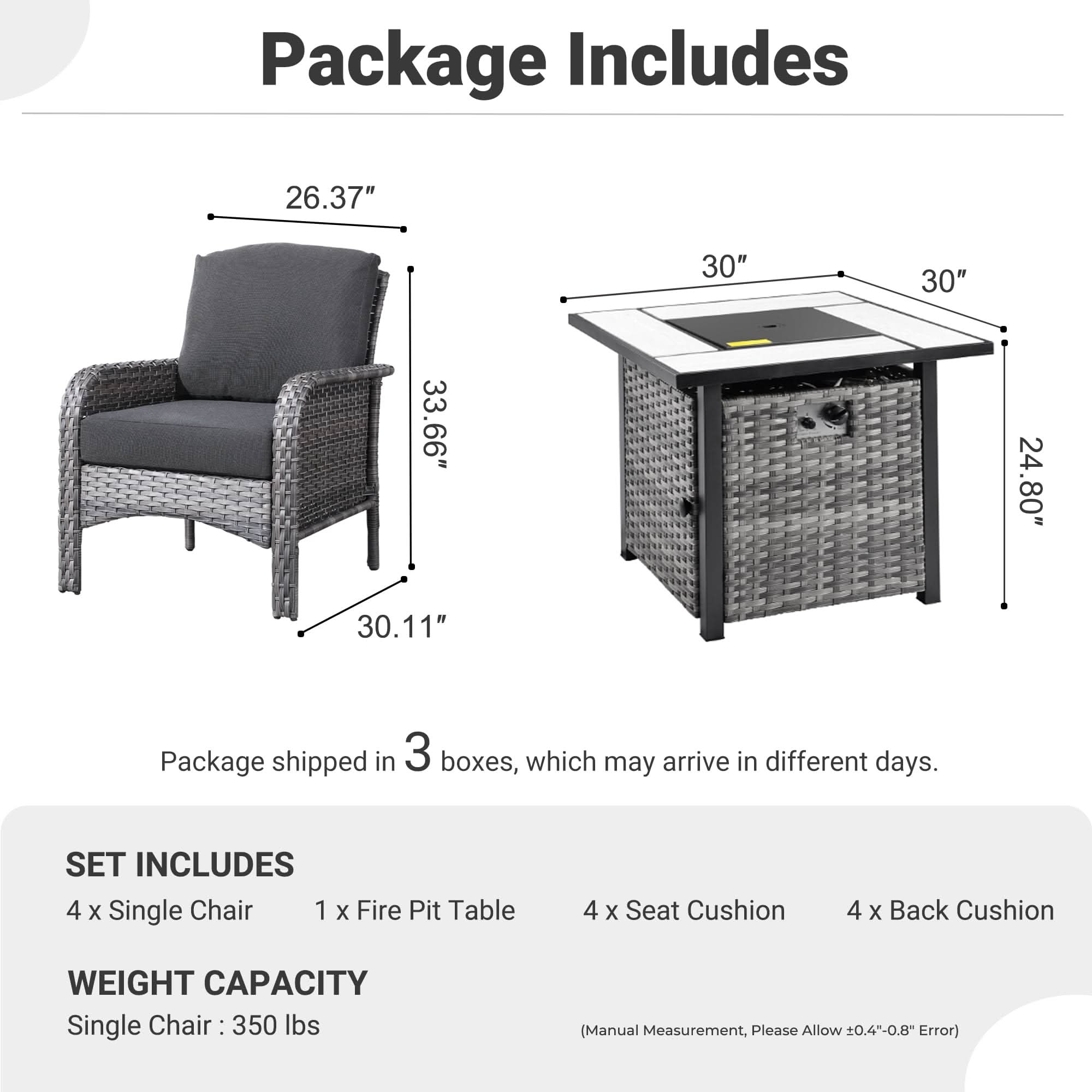 Ovios 5-Piece Patio Set with Fire Pit Table,All Weather Grey Wicker Chairs & Cushions