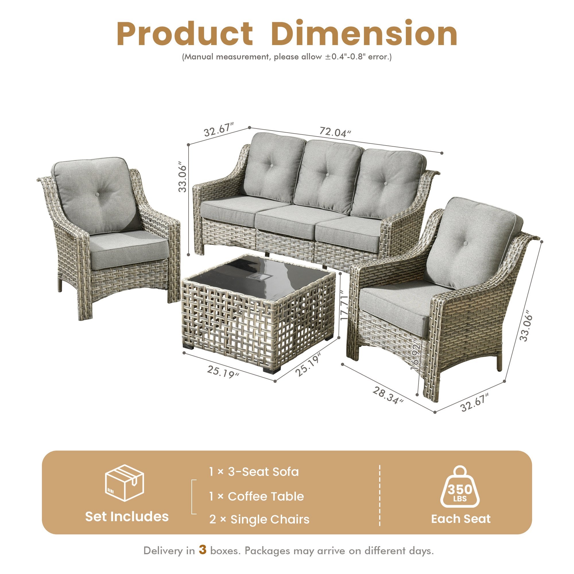 Ovios PAD Series 5-piece set dimensions with 'Set Includes', 350 lbs/seat.