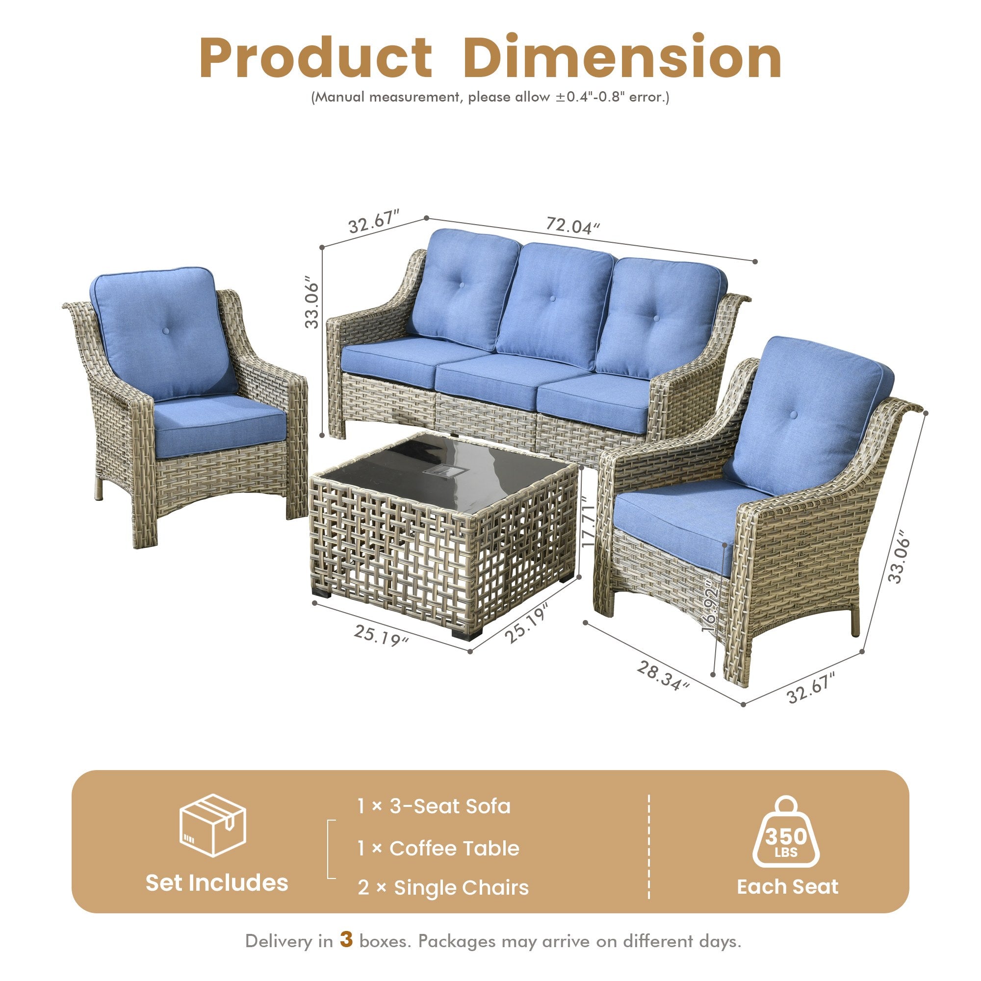 Ovios PAD Series 5-piece outdoor wicker conversation set with swivel chairs dimensions.