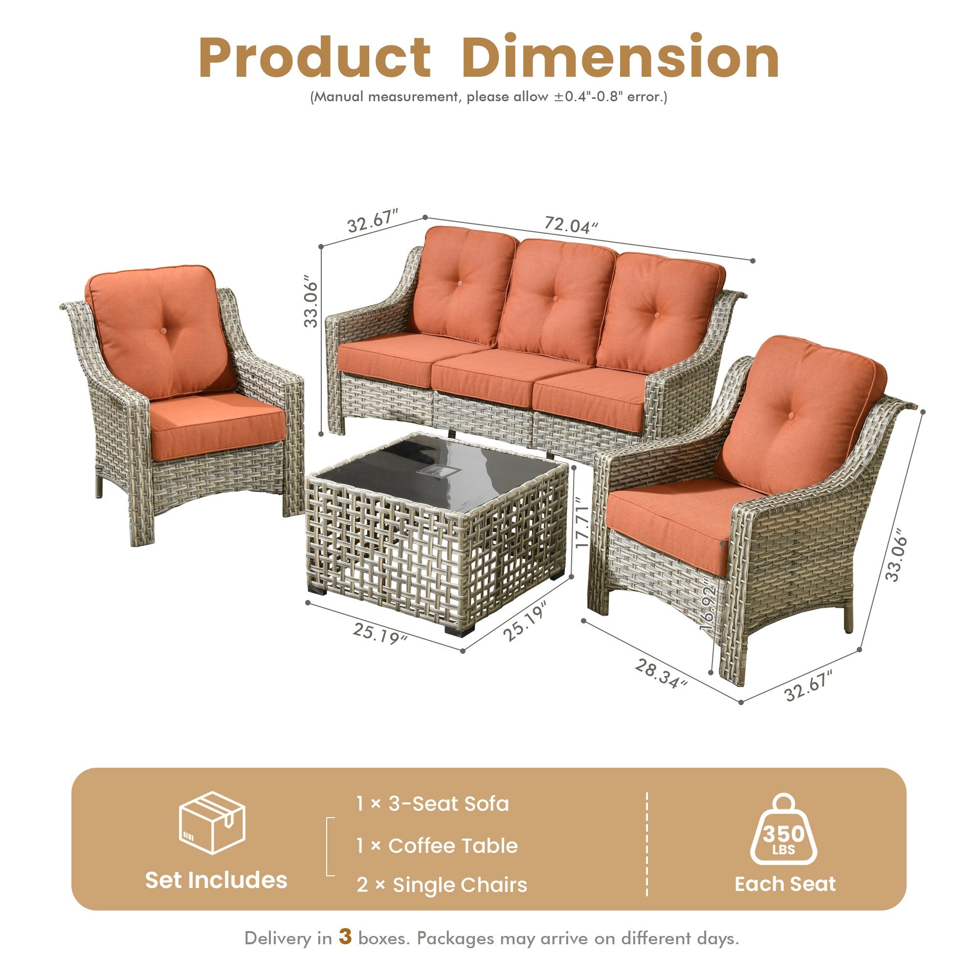 Ovios PAD Series 5-piece outdoor wicker conversation set dimensions & capacity