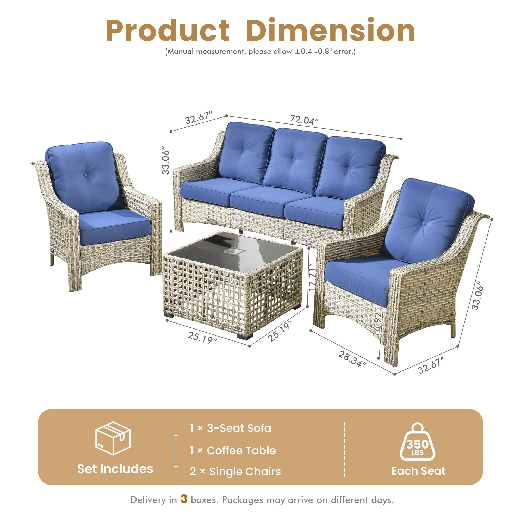 Ovios PAD Series wicker conversation set dimensions diagram with sofa, chairs, table.