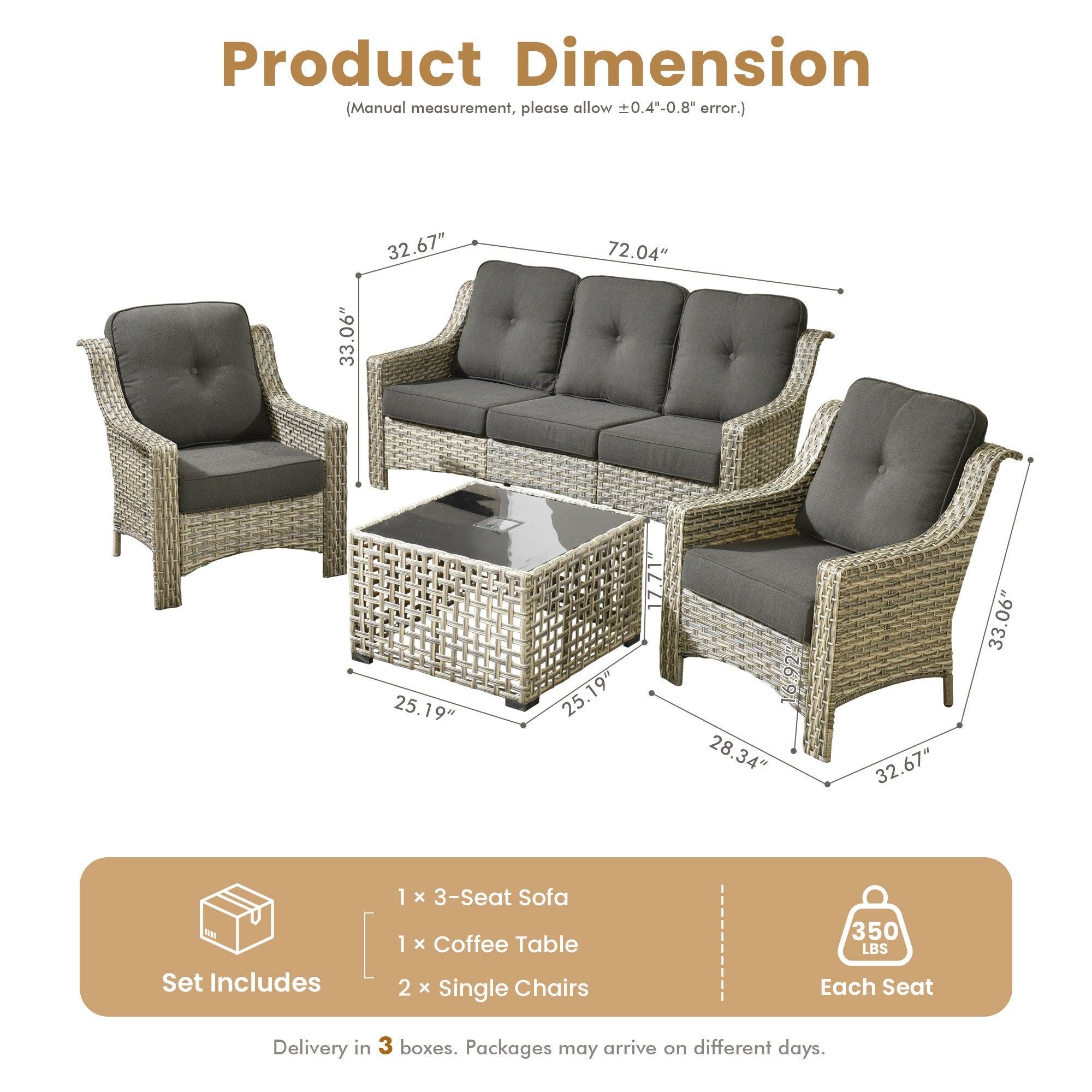 Ovios PAD Series 5-piece wicker conversation set dimensions diagram with swivel chairs.