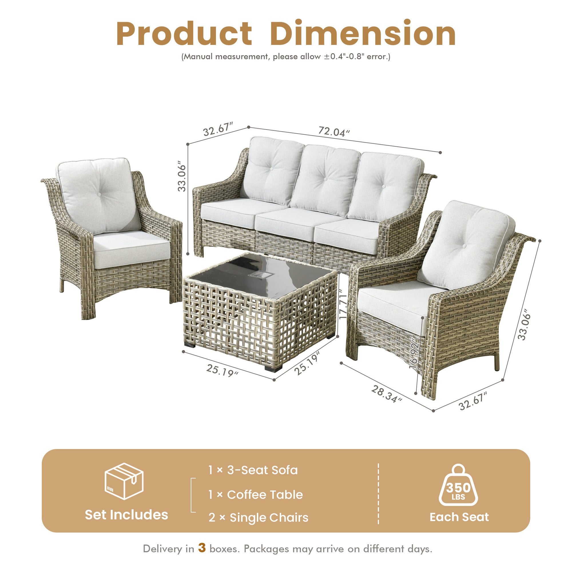 Dimensions of Ovios PAD Series 5-piece wicker outdoor furniture set with sofa, 2 chairs, table.