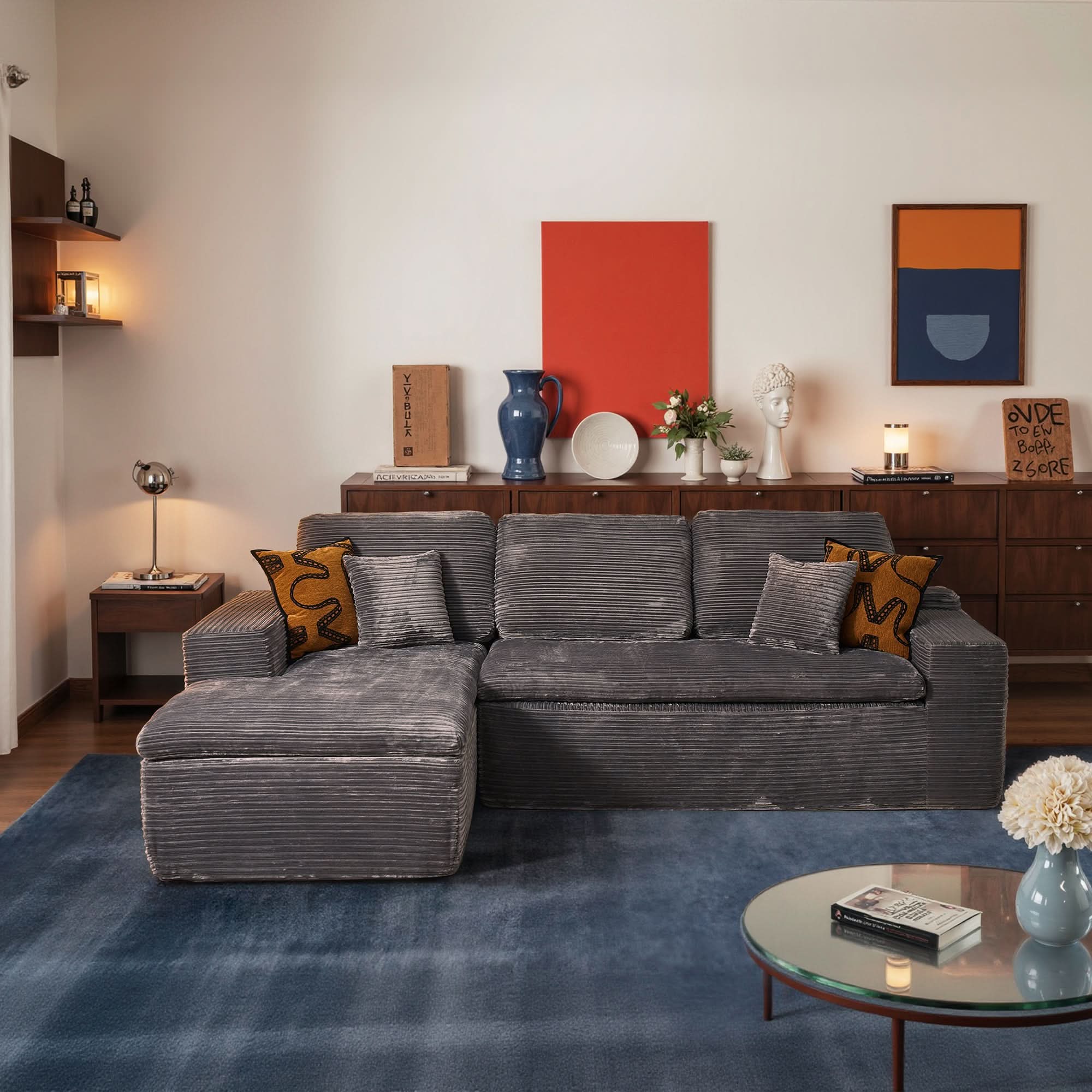 Oversized Corduroy Chaise | Sleeper Sofa with Cup Holders