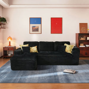 OVIOS black corduroy L-shape sectional sofa with chaise, deep seats
