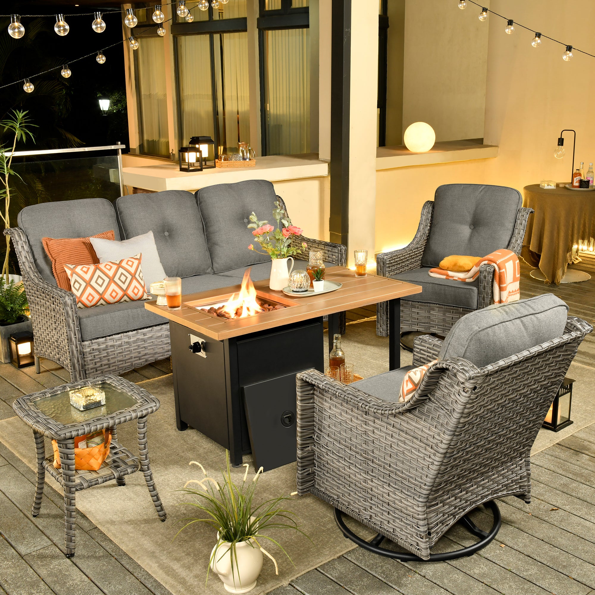 Ovios Conversation Set 5-Piece PAD Series include Rocking Chair & 47"Fire Pit Table