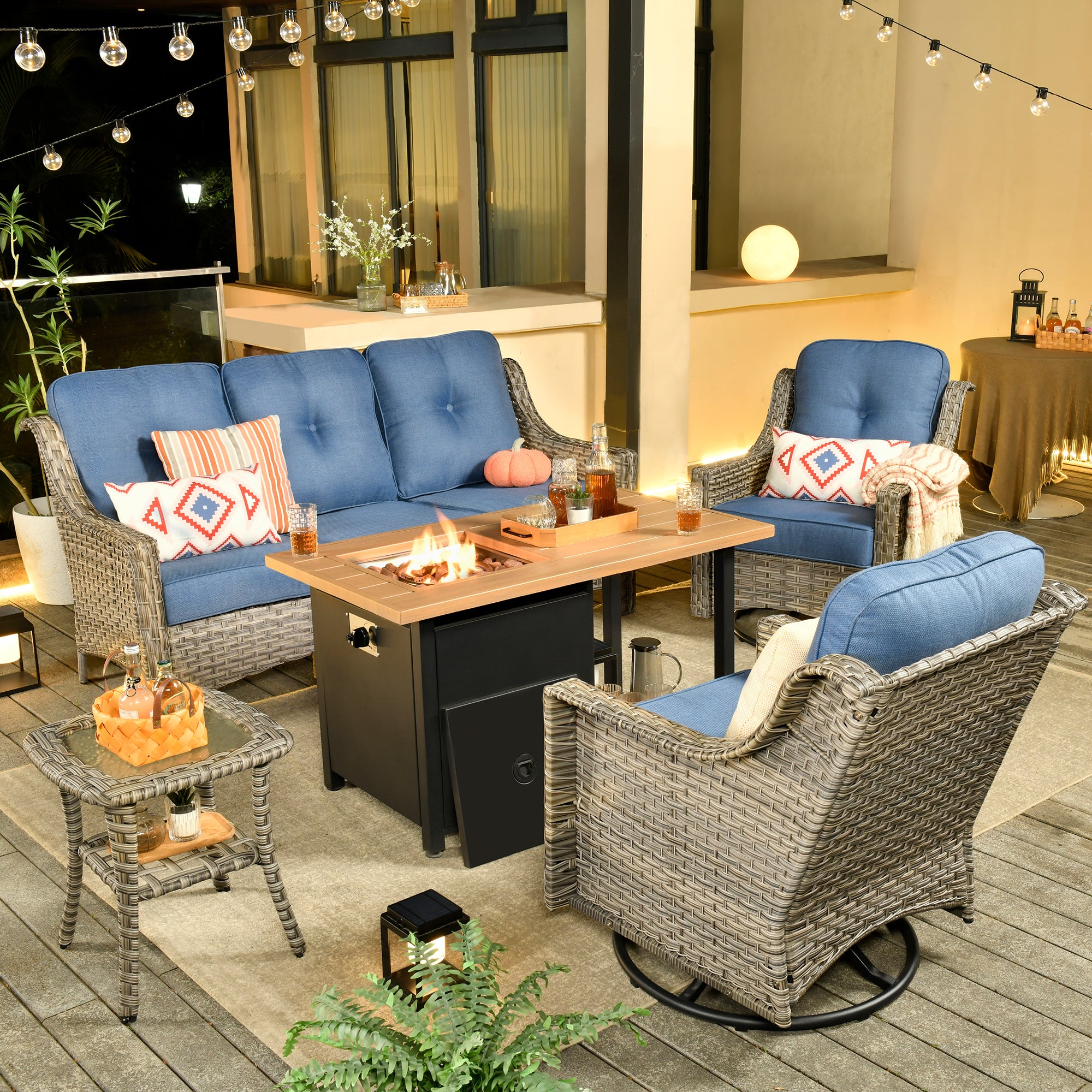 Ovios Conversation Set 5-Piece PAD Series include Rocking Chair & 47"Fire Pit Table