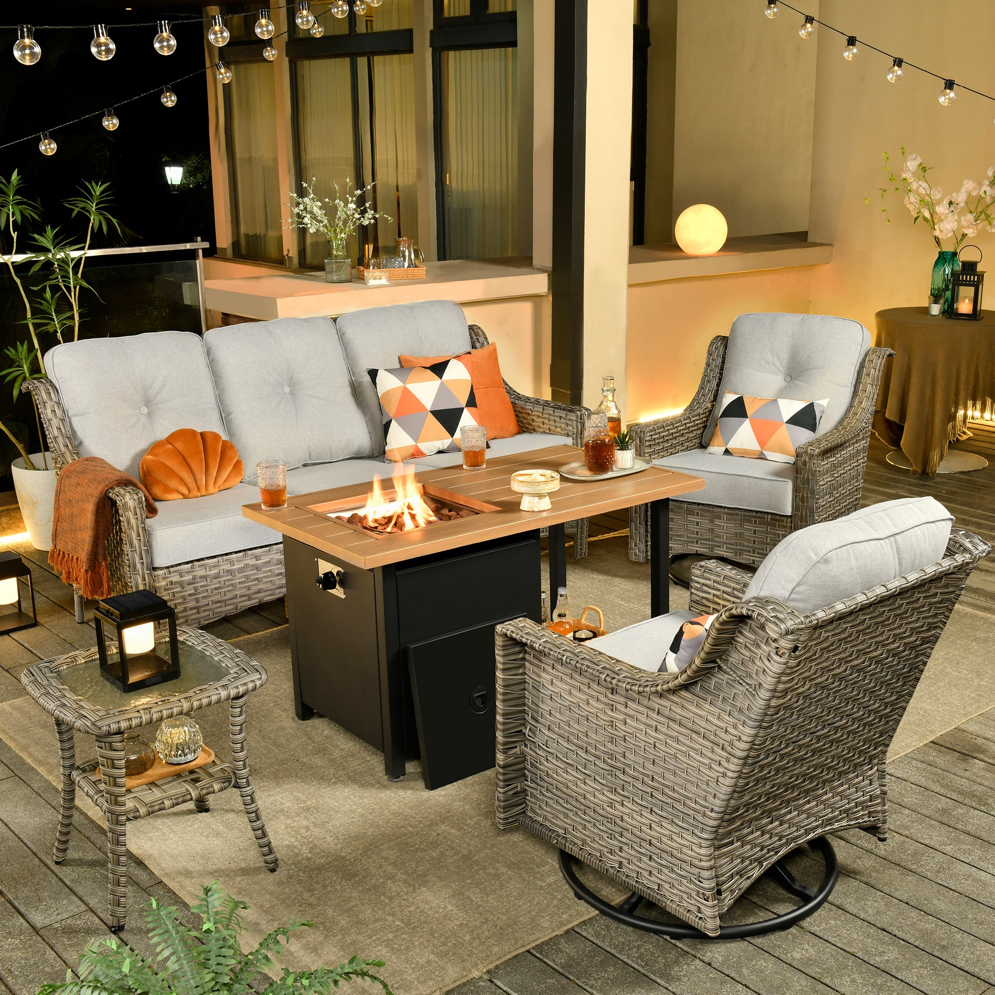 Ovios Conversation Set 5-Piece PAD Series include Rocking Chair & 47"Fire Pit Table