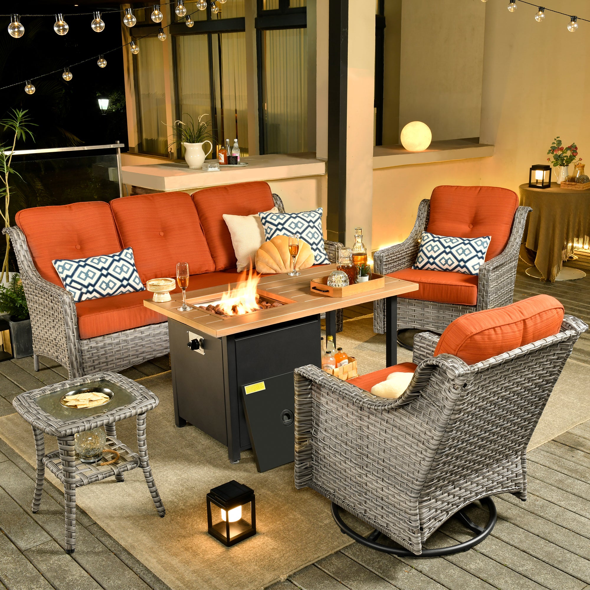 Ovios Conversation Set 5-Piece PAD Series include Rocking Chair & 47"Fire Pit Table