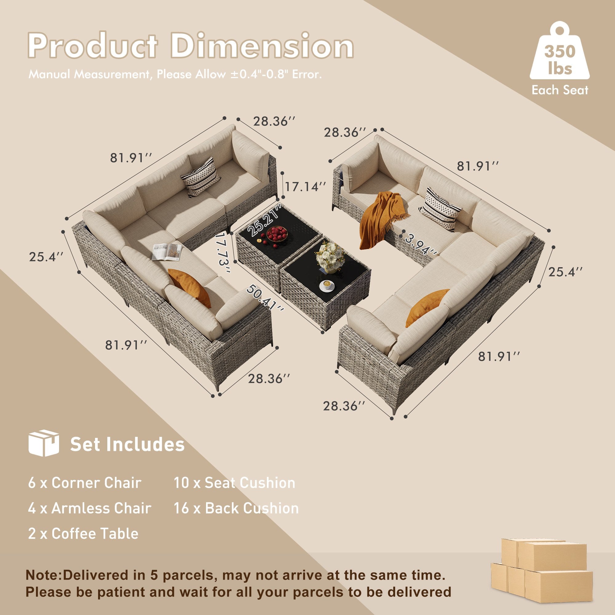 OVIOS Wicker Patio Sectional Conversation Set with Glowing Coffee Table & Single Chairs