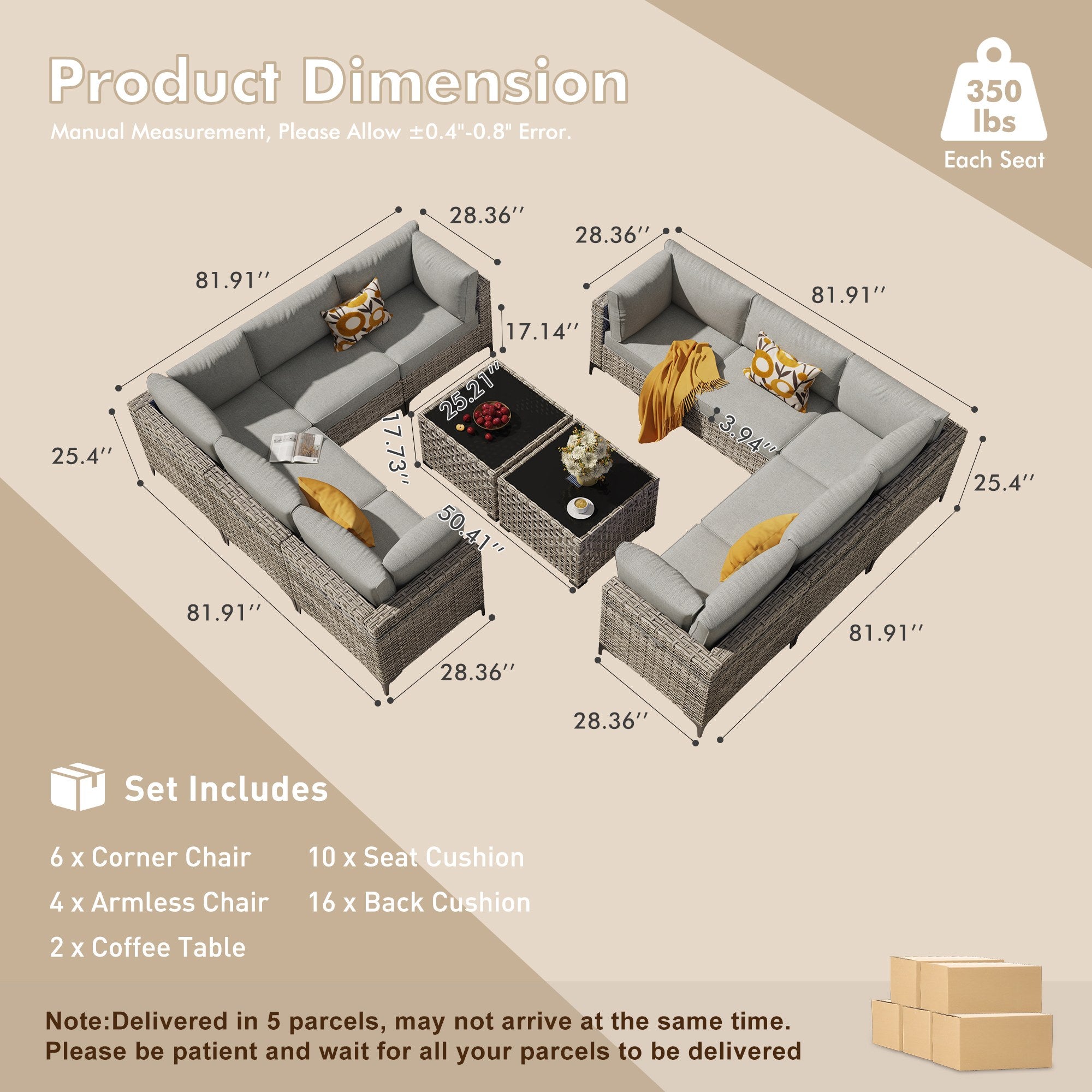 OVIOS Wicker Patio Sectional Conversation Set with Glowing Coffee Table & Single Chairs