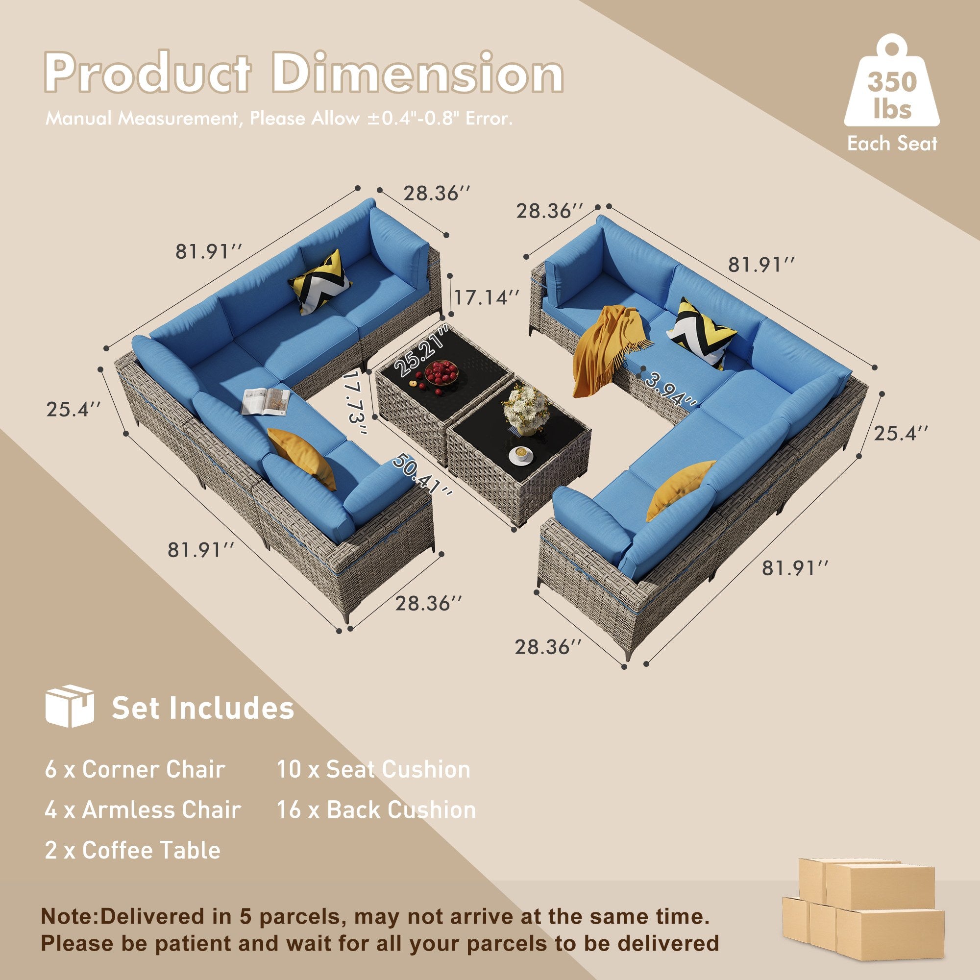 OVIOS Wicker Patio Sectional Conversation Set with Glowing Coffee Table & Single Chairs