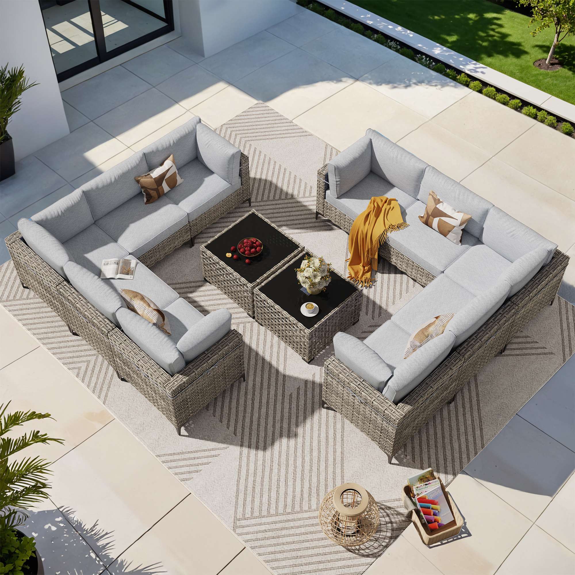 OVIOS Wicker Patio Sectional Conversation Set with Glowing Coffee Table & Single Chairs