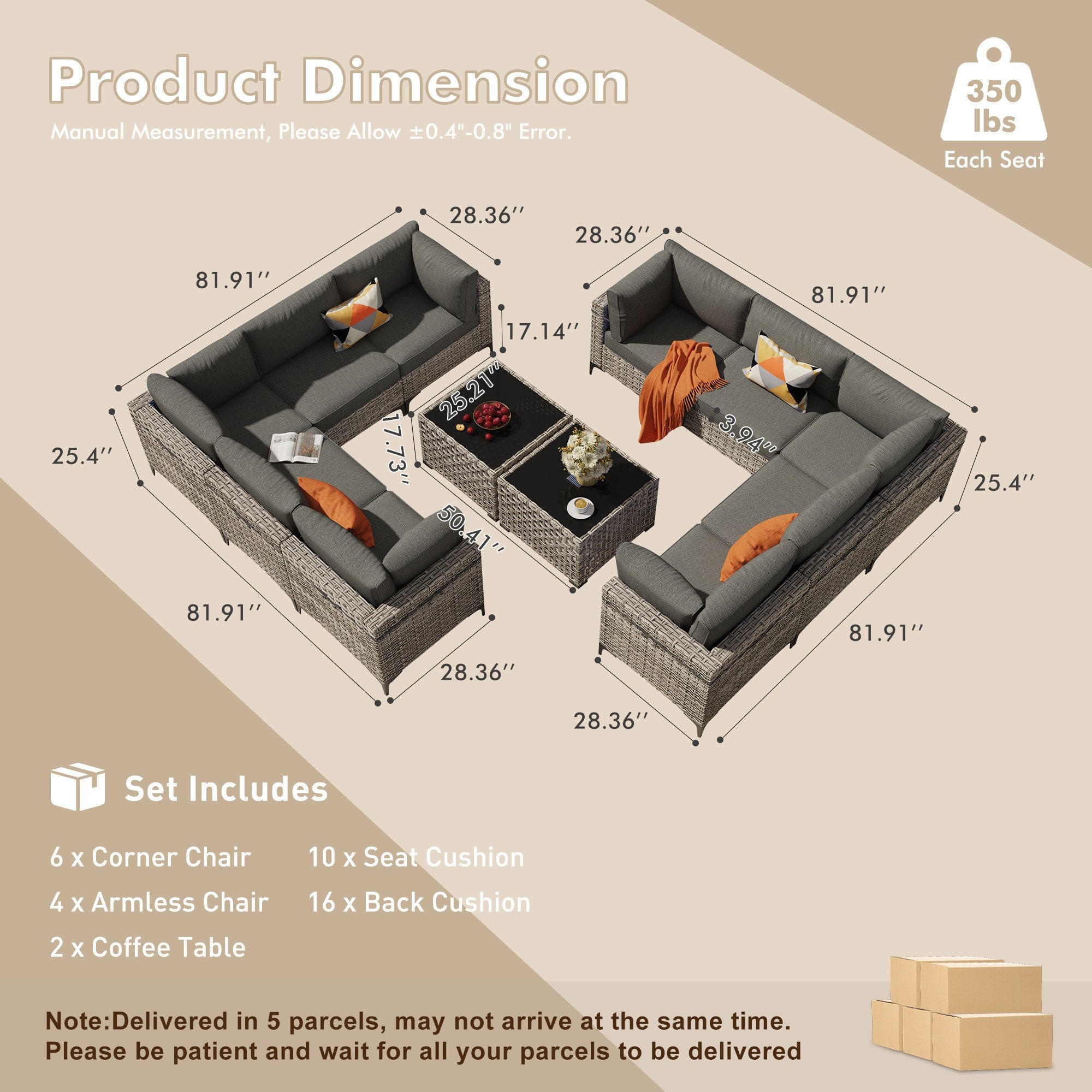 OVIOS Wicker Patio Sectional Conversation Set with Glowing Coffee Table & Single Chairs