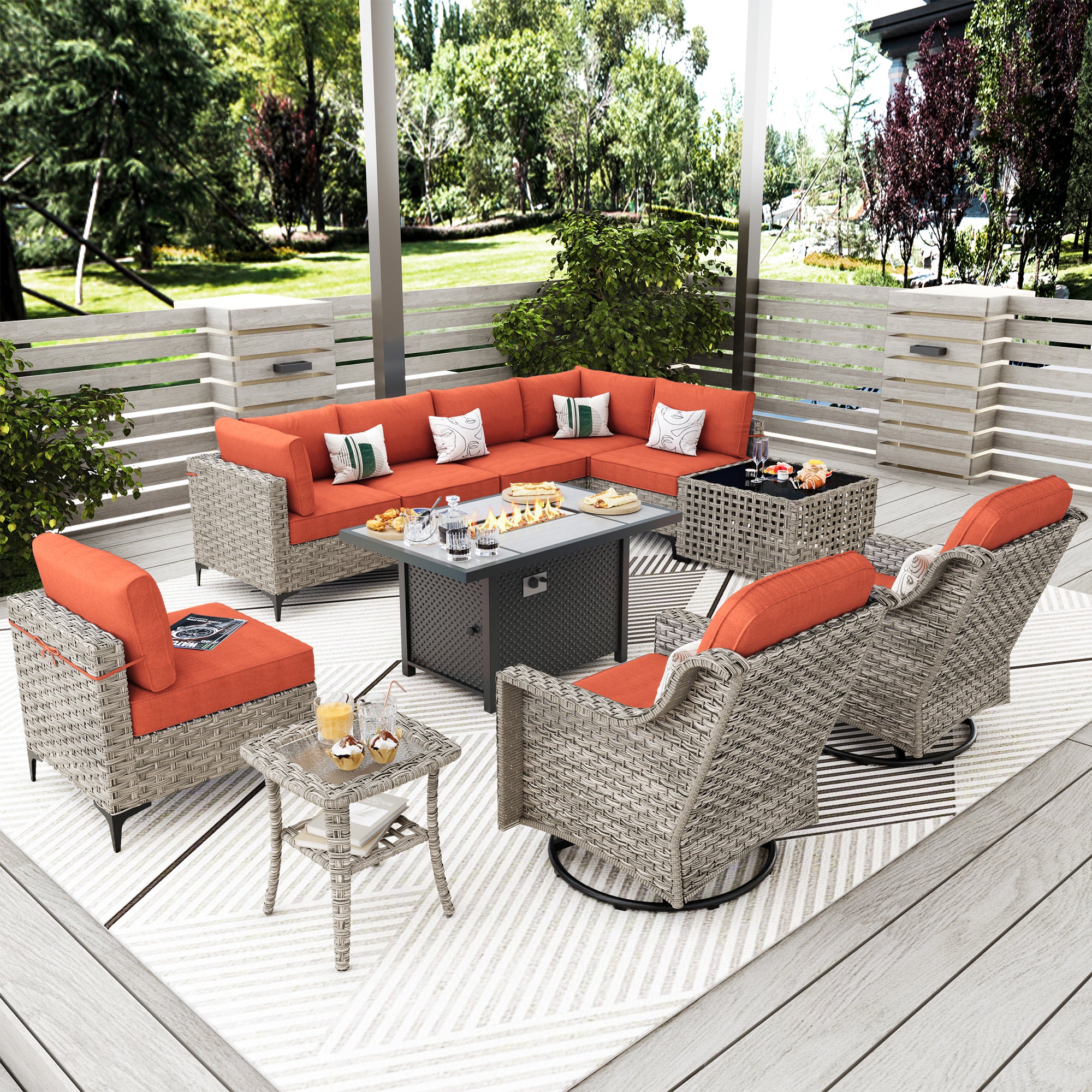 OVIOS SKT 11-Piece Outdoor Patio Sectional Set with Fire Pit