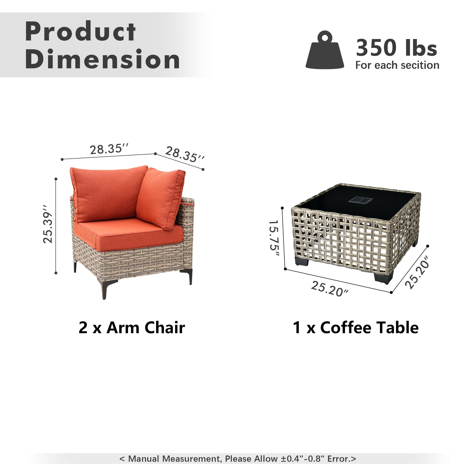 OVIOS Wicker Patio Sectional Conversation Set with Glowing Coffee Table & Single Chairs