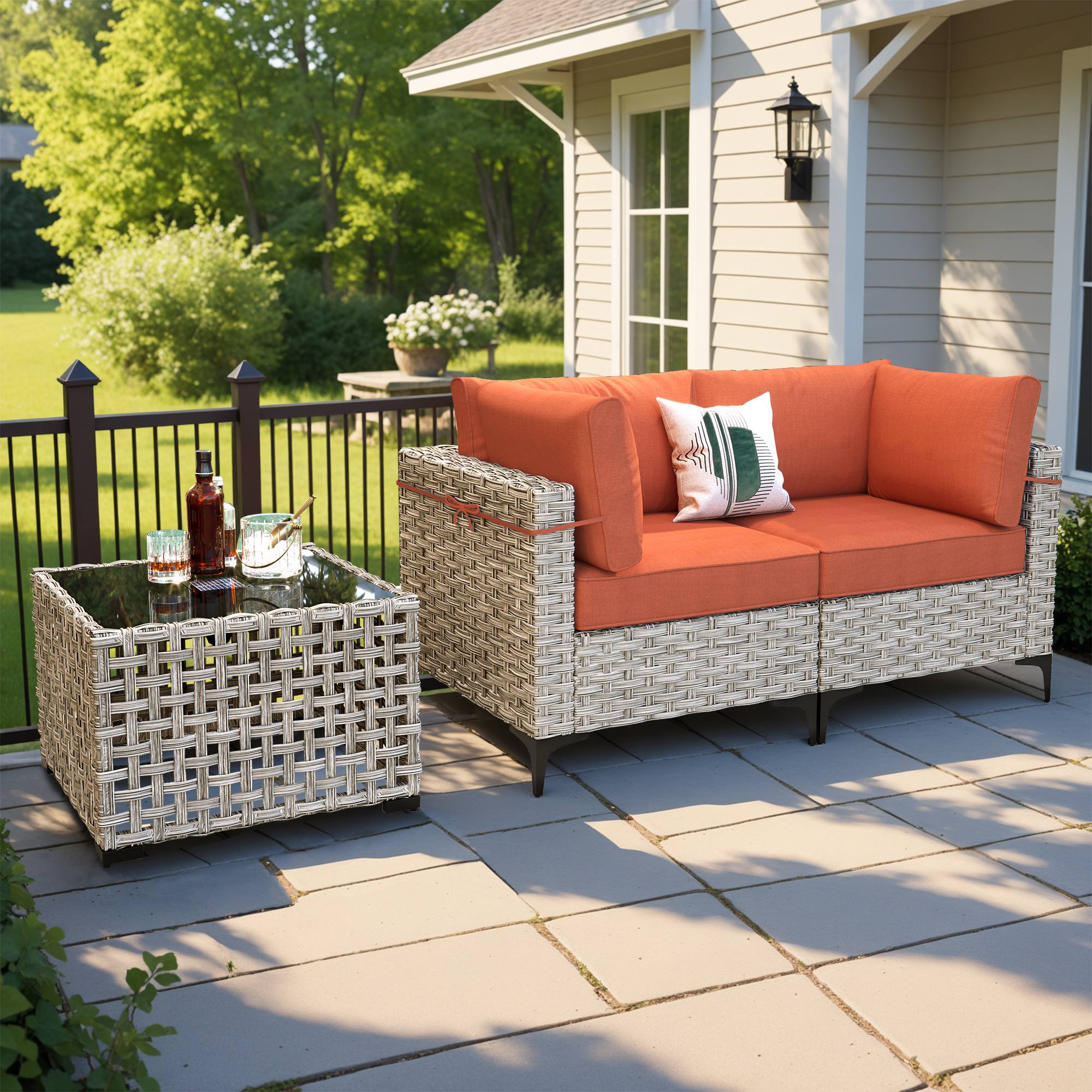 OVIOS Wicker Patio Sectional Conversation Set with Glowing Coffee Table & Single Chairs