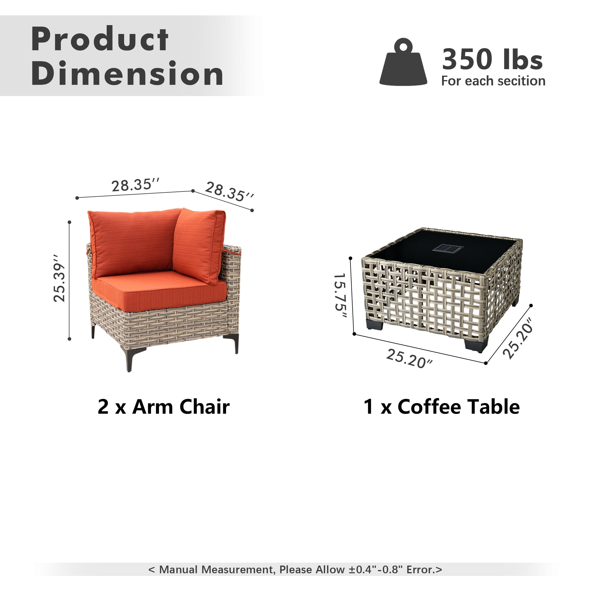 OVIOS Wicker Patio Sectional Conversation Set with Glowing Coffee Table & Single Chairs