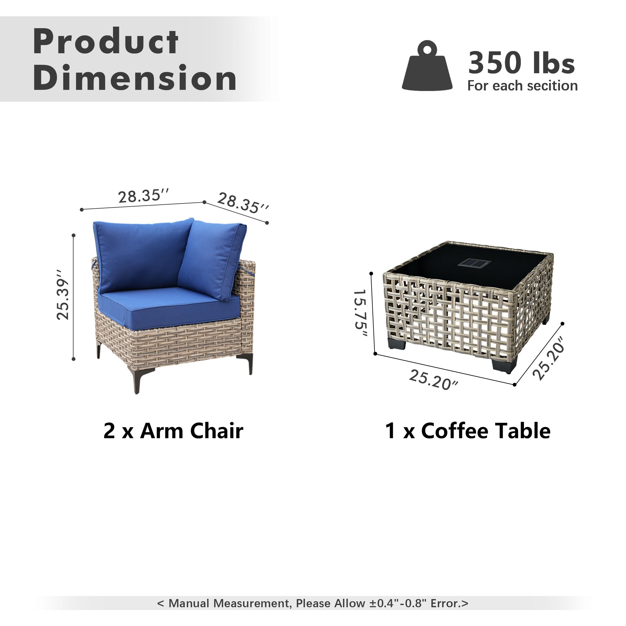 OVIOS Wicker Patio Sectional Conversation Set with Glowing Coffee Table & Single Chairs