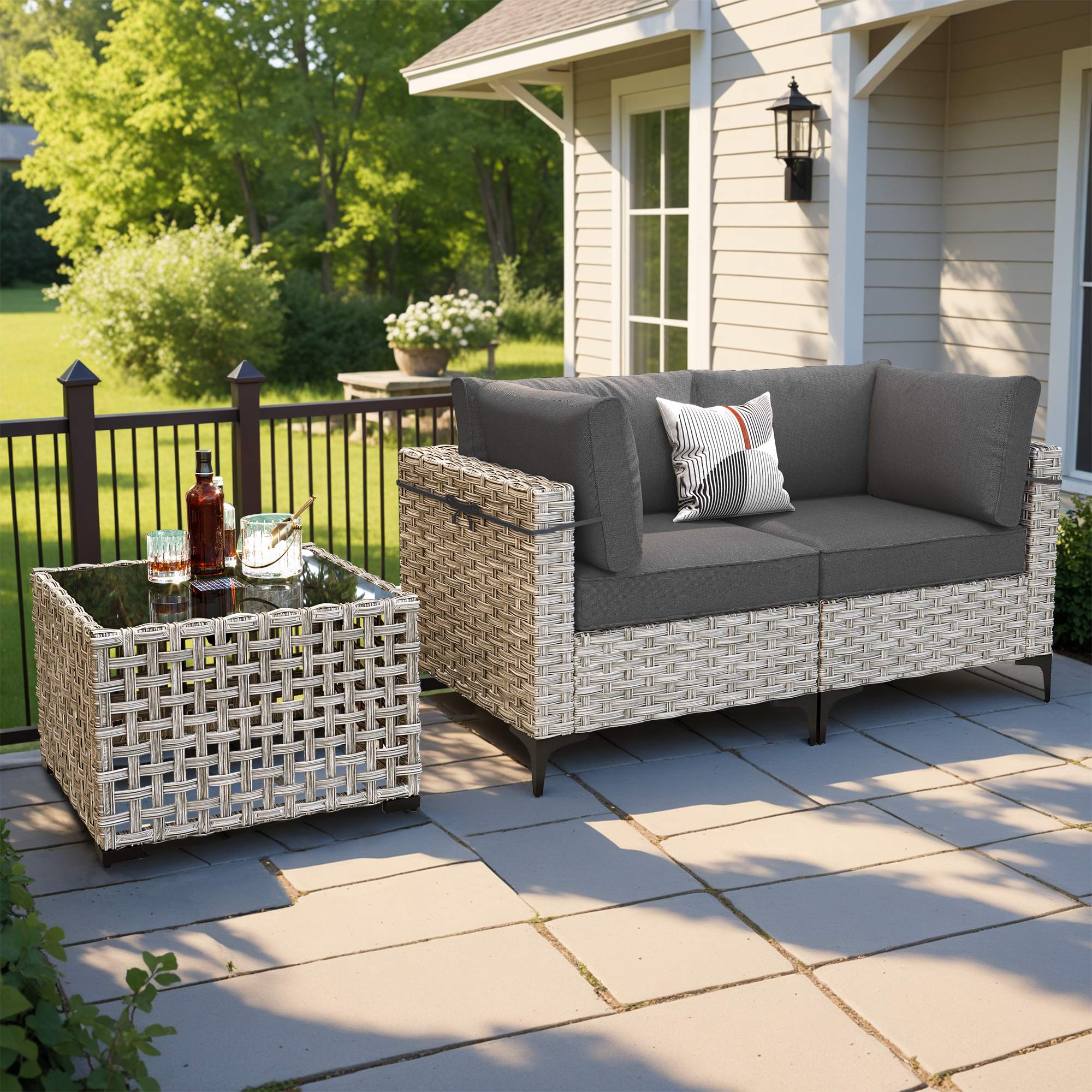 OVIOS Wicker Patio Sectional Conversation Set with Glowing Coffee Table & Single Chairs